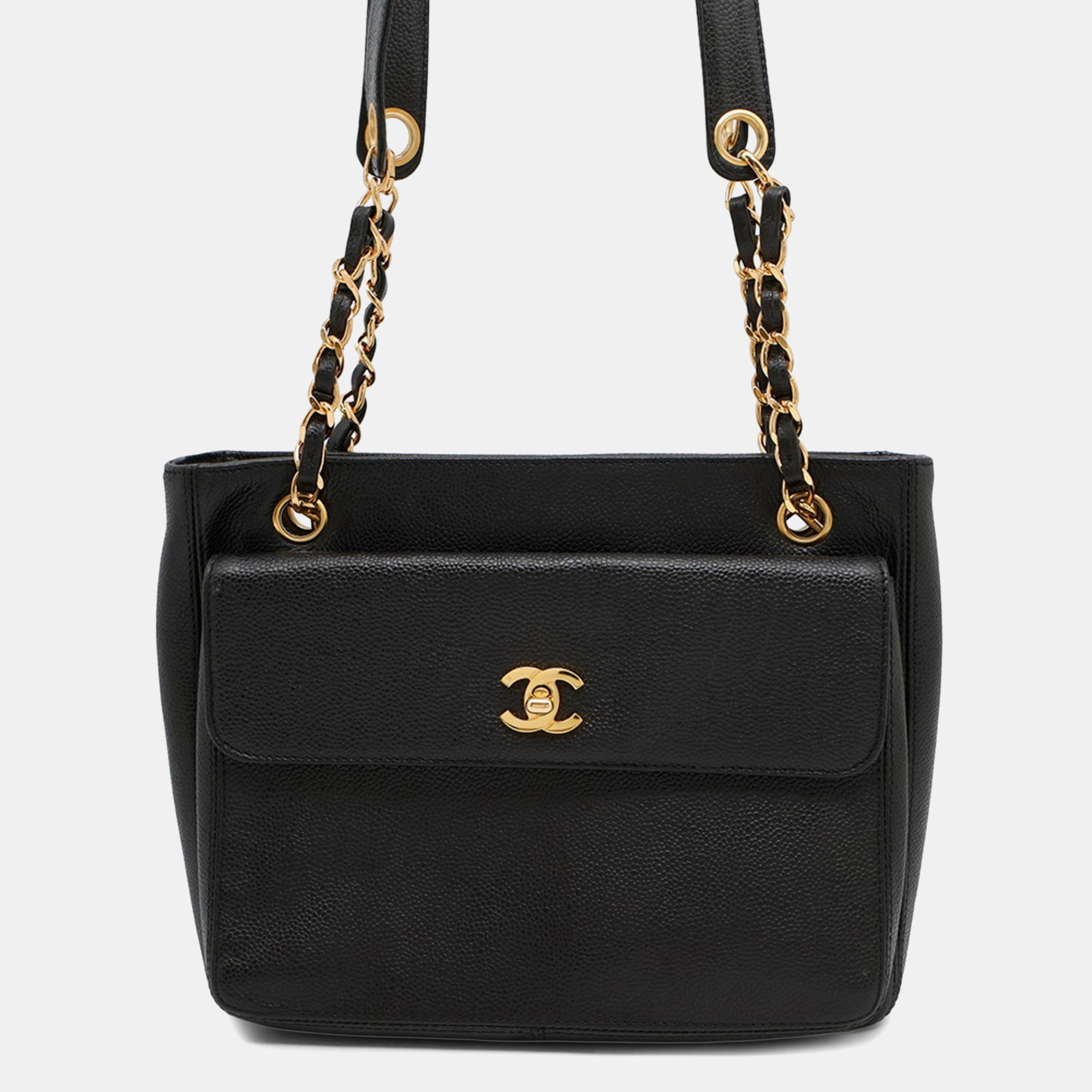 Pre-owned Chanel Chain Tote Bag With Coco Mark And Caviar Skin Black