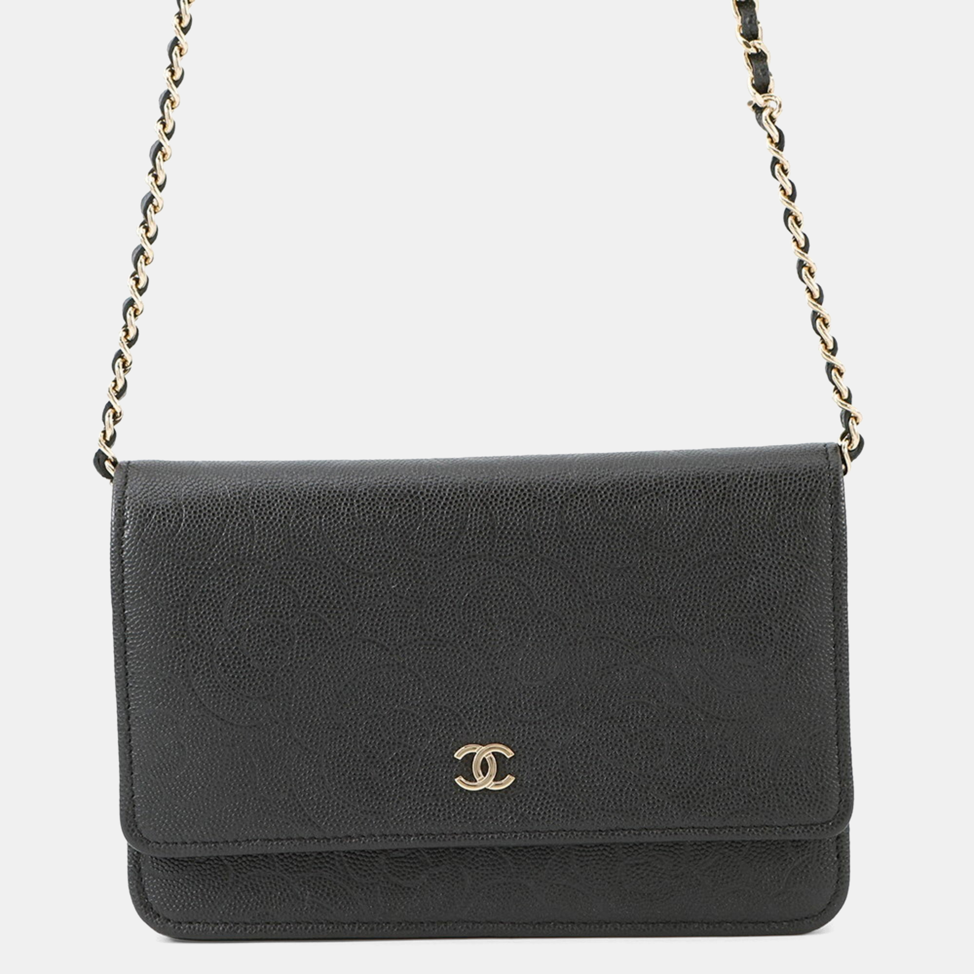 Pre-owned Chanel Chain Wallet Camellia Coco Mark Caviar Skin Black