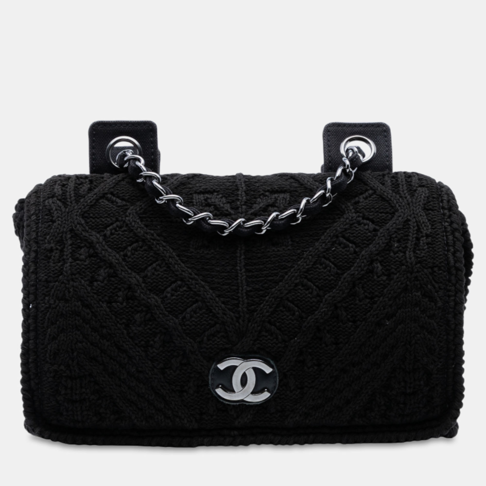

Chanel Black CC Medium Woven Crochet Knit Single Flap