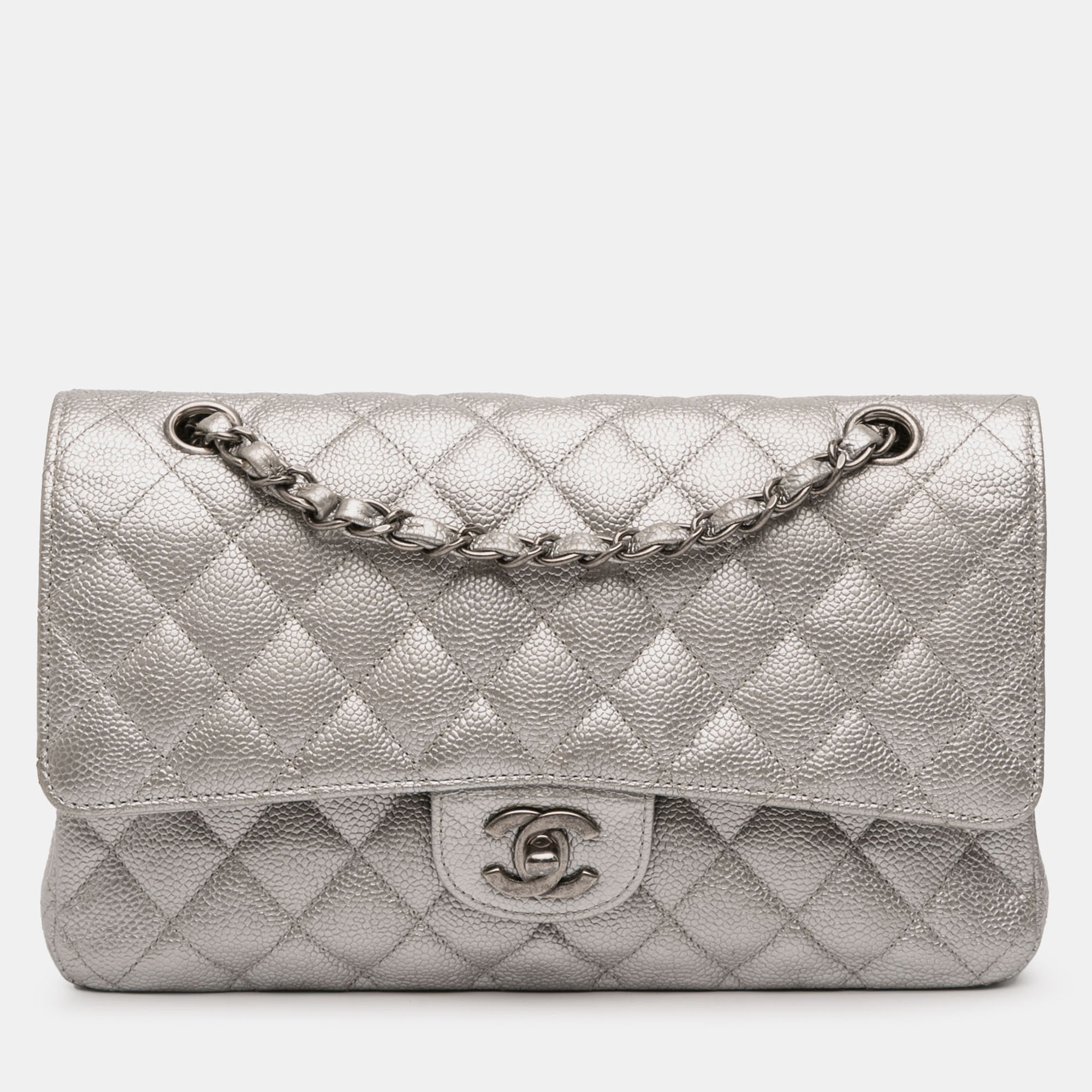 

Chanel Silver Medium Classic Iridescent Caviar Double Flap