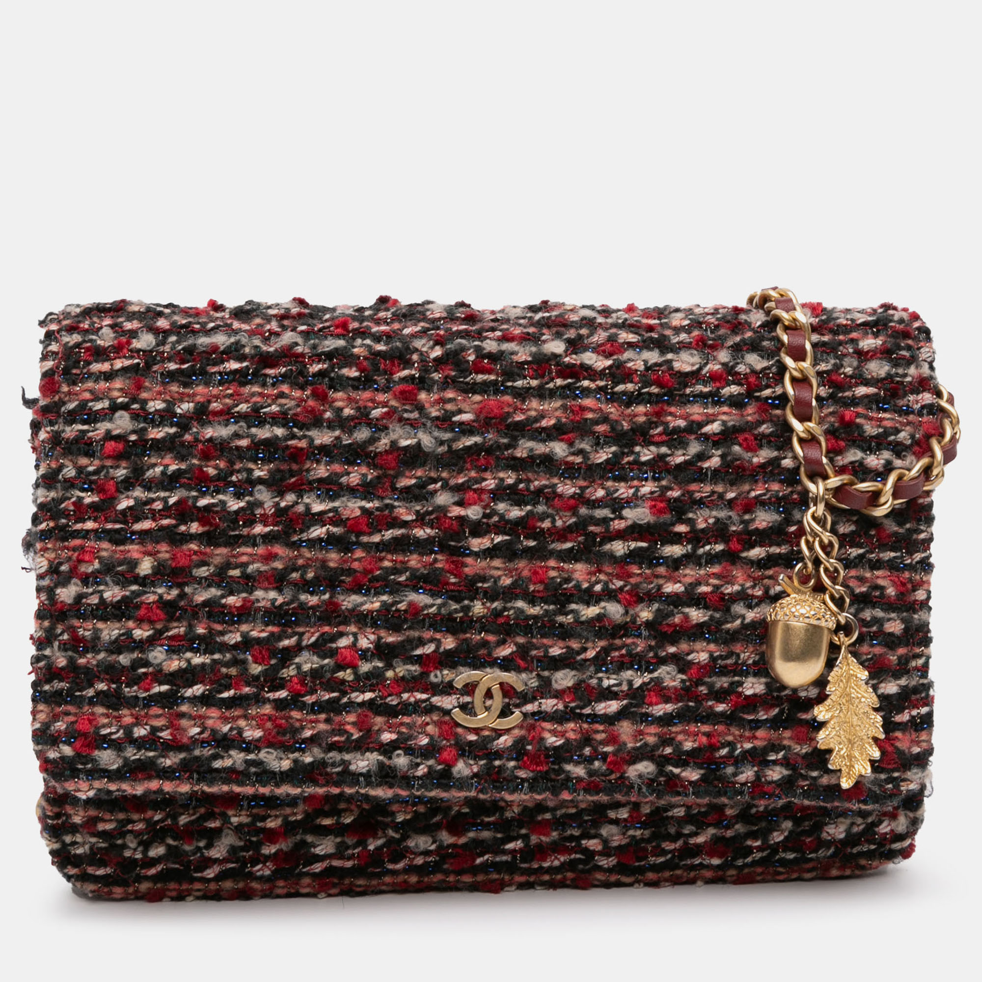 Pre-owned Chanel Red Cc Quilted Tweed Wallet On Chain