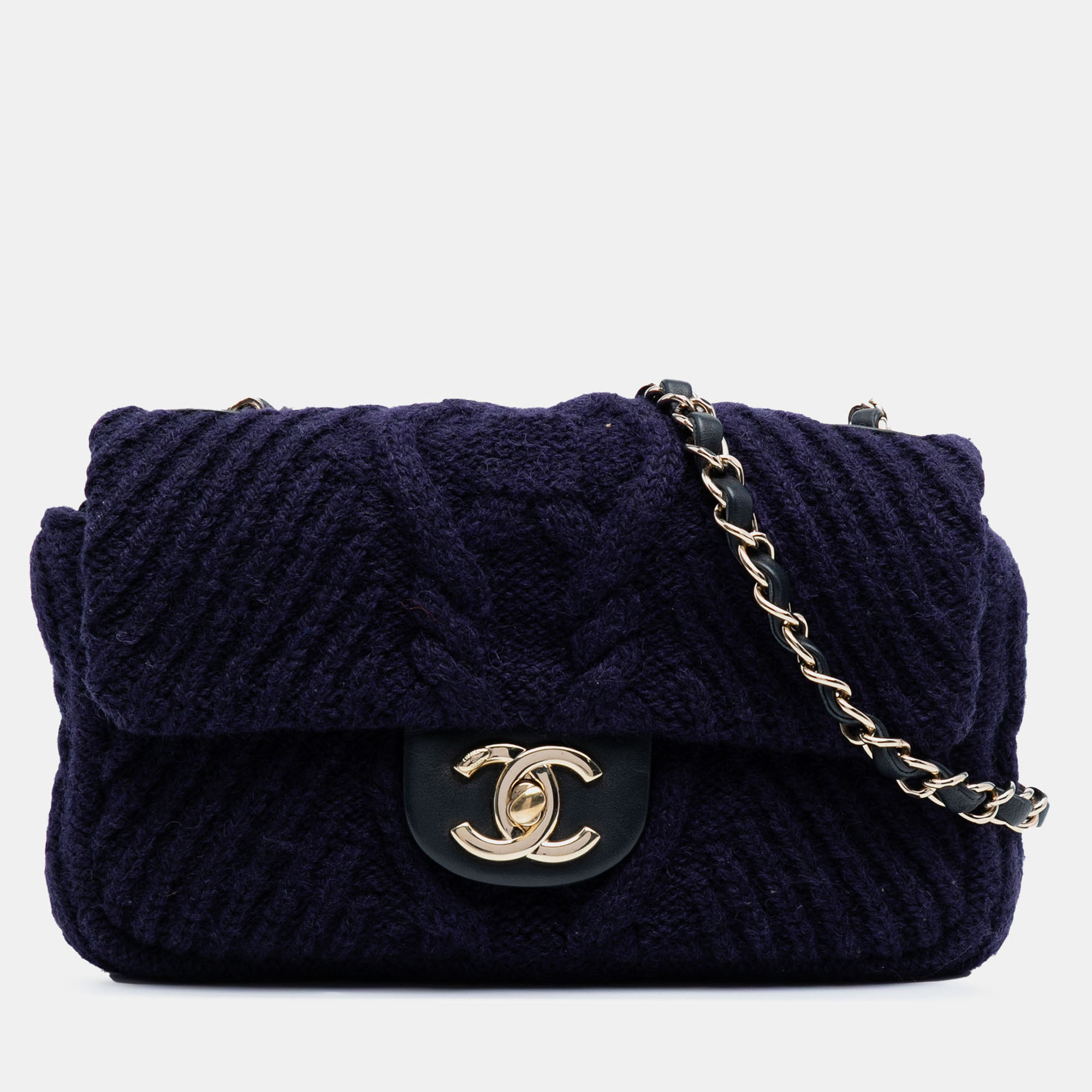 

Chanel Navy Blue Small Paris Hamburg Cable Knit Flap