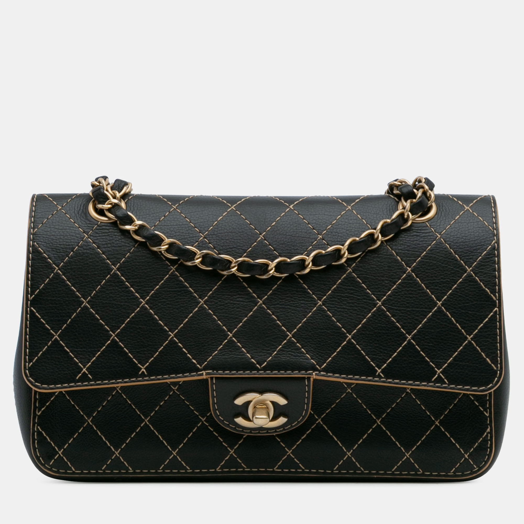 Pre-owned Chanel Black Medium Classic Calfskin Wild Stitch Double Flap