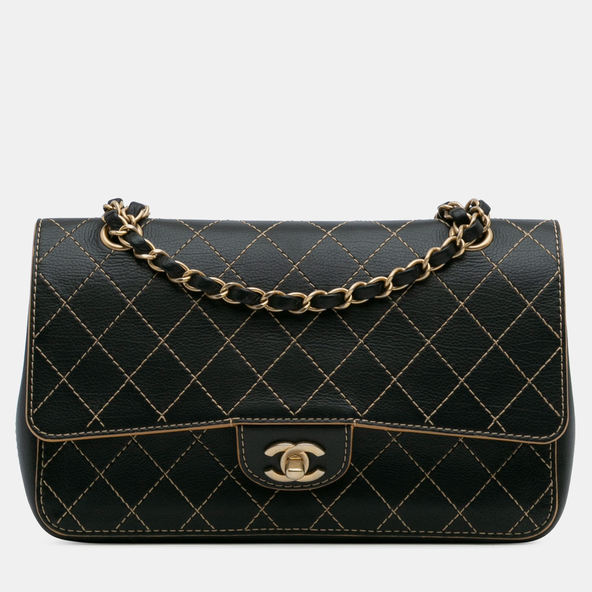 Pre-owned Chanel Black Medium Classic Calfskin Wild Stitch Double Flap