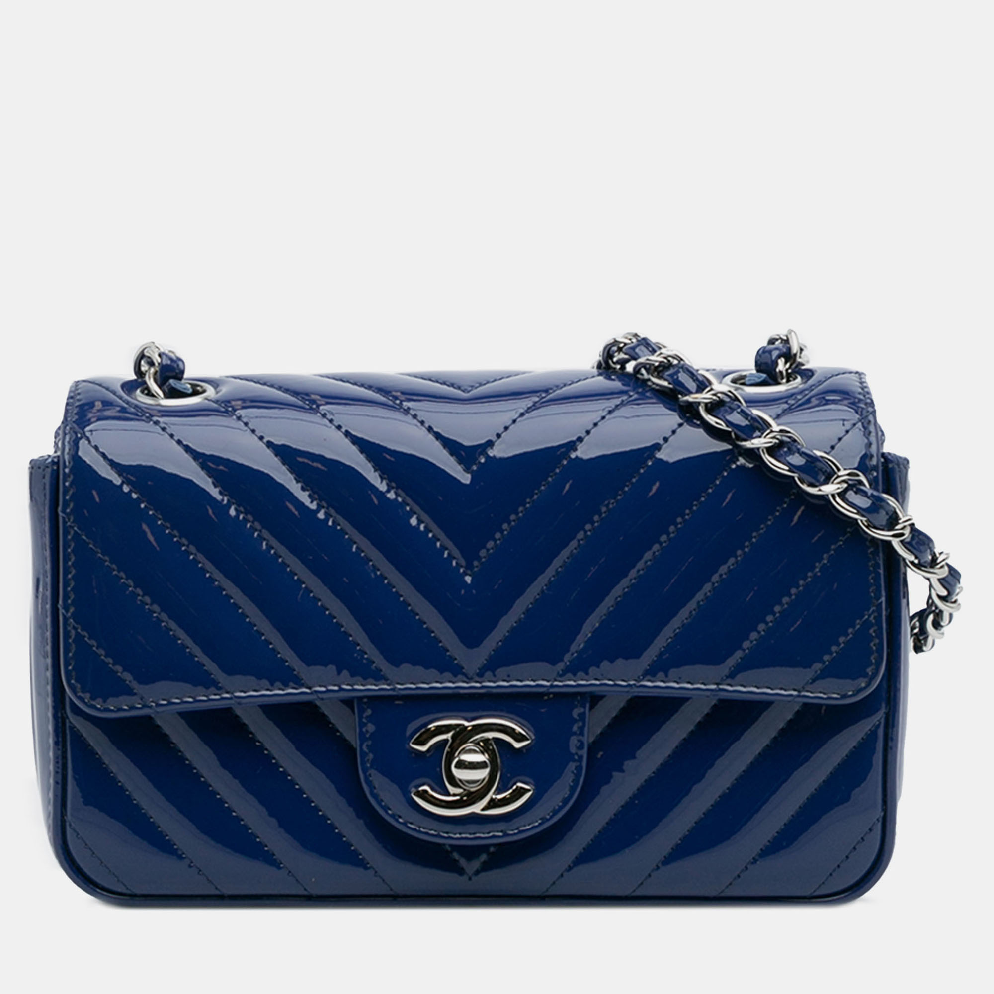 

Chanel Blue Mini Rectangular Classic Chevron Patent Single Flap