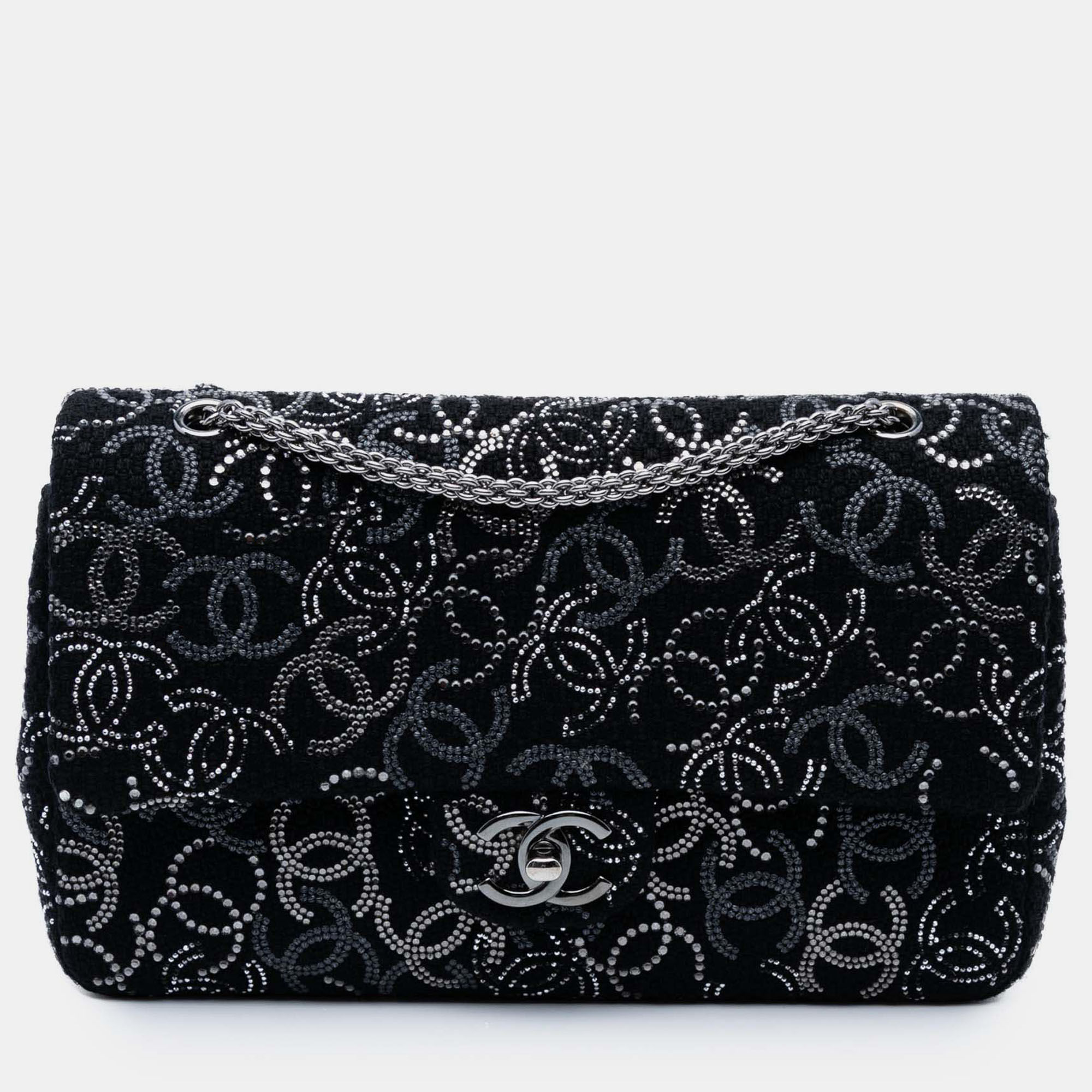

Chanel Black Paris-Shanghai Medium Tweed Strass Embellished Pudong Double Flap