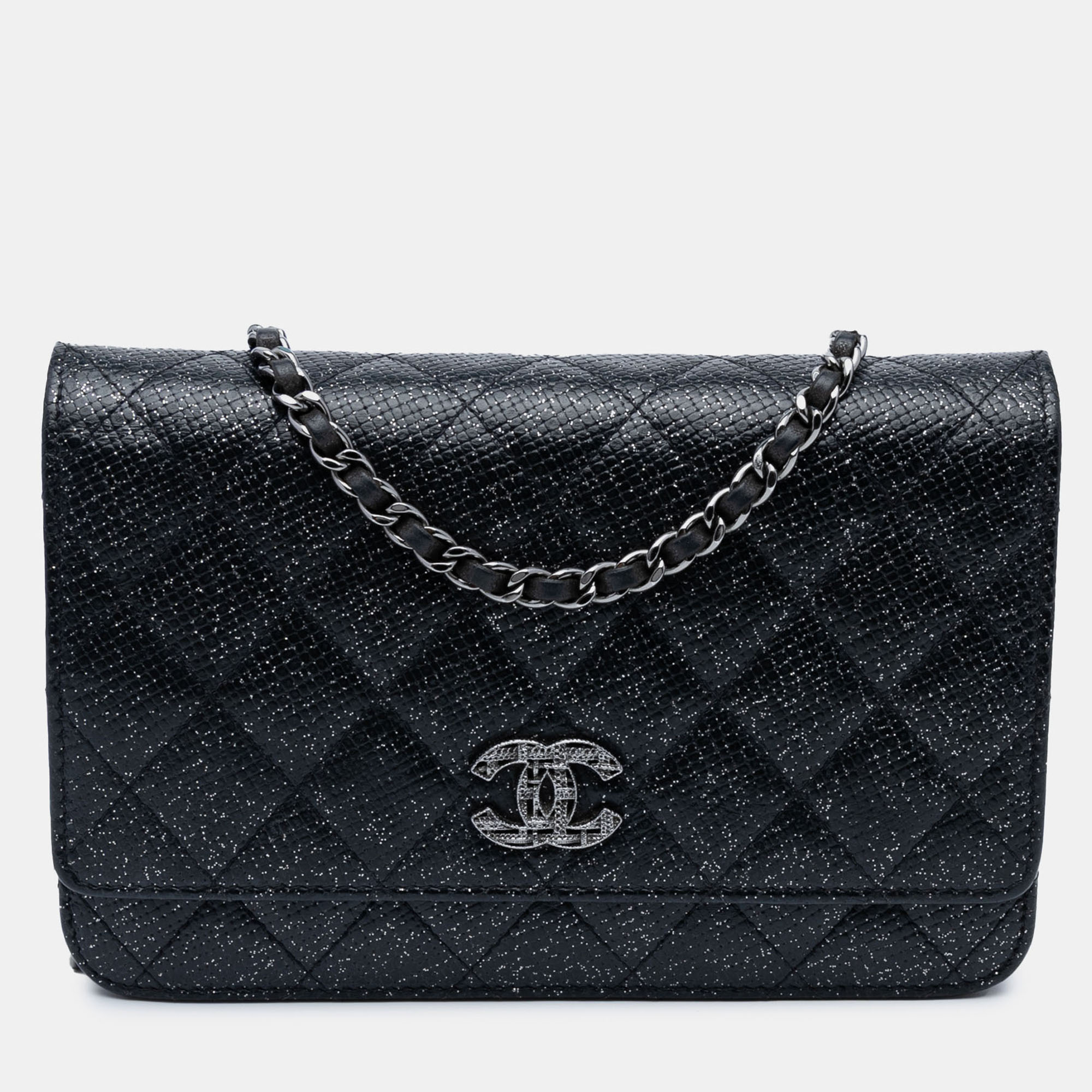 Pre-owned Chanel Black Cc Quilted Glittered Calfskin Wallet On Chain