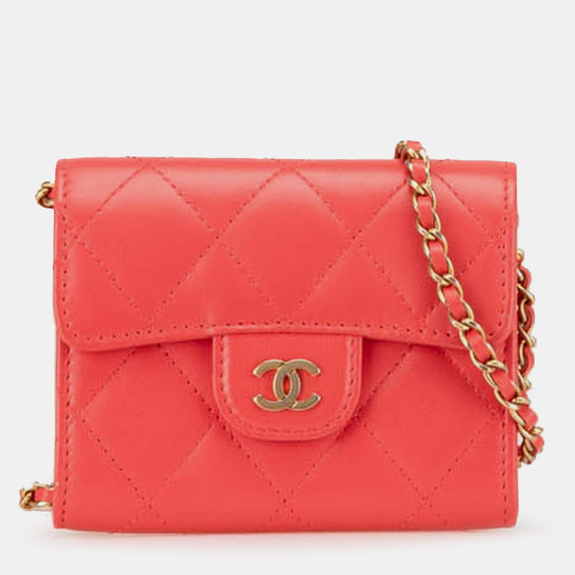 Pre-owned Chanel Red Quilted Lambskin Flap Card Holder On Chain
