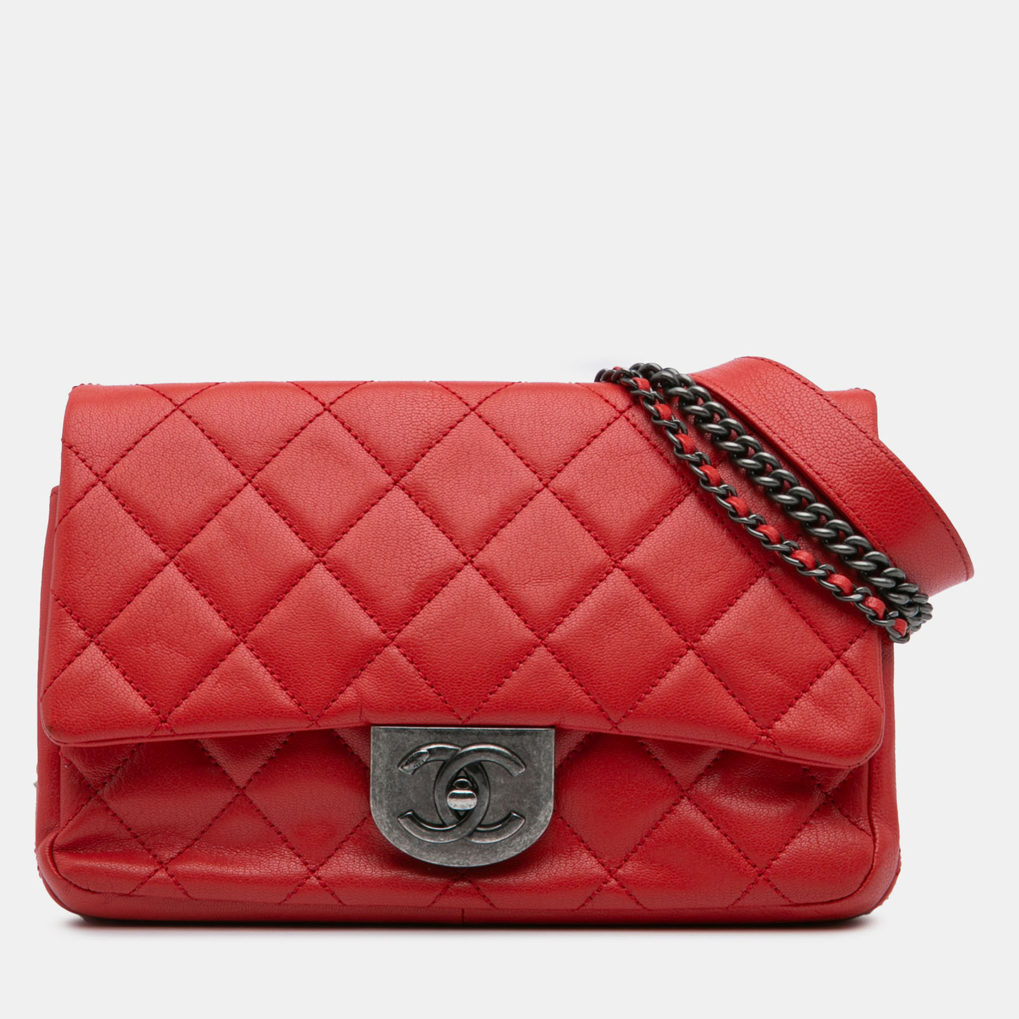 

Chanel Red Small Quilted Goatskin Double Carry Waist Chain Flap
