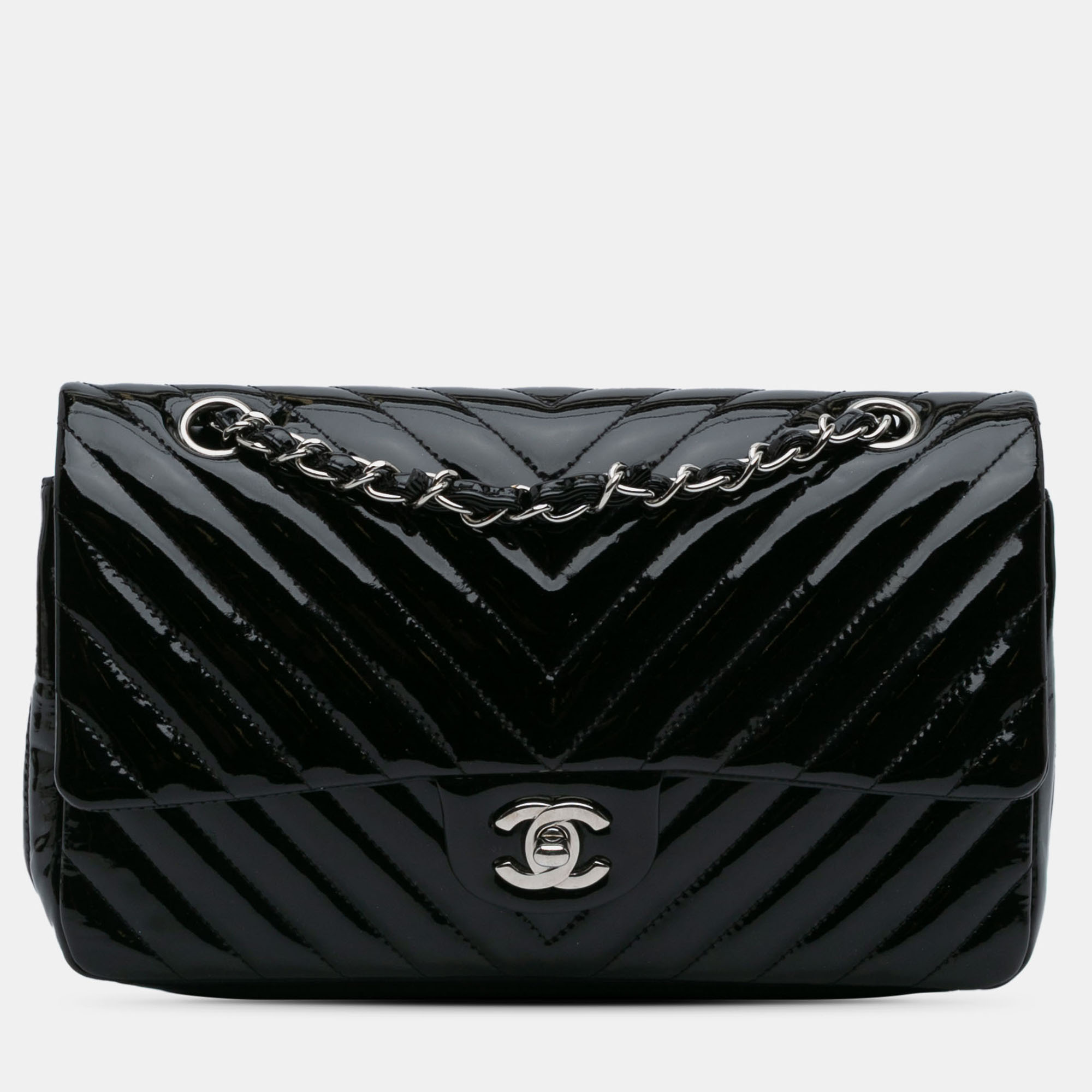 

Chanel Black Medium Classic Chevron Patent Double Flap
