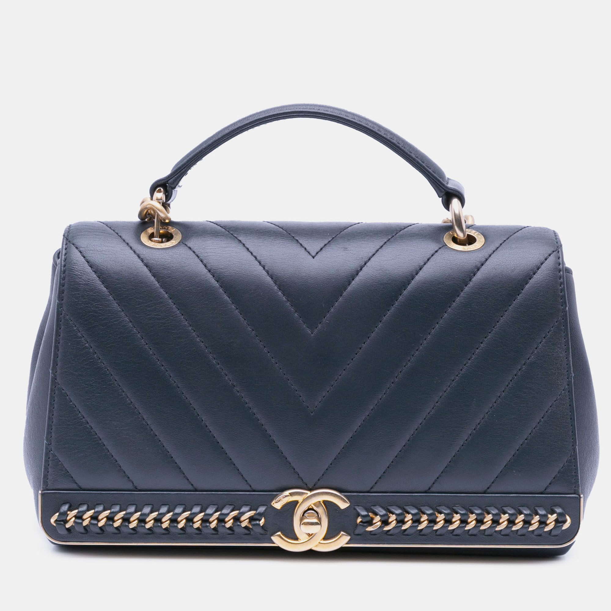 

Chanel Blue Chevron Sheepskin Stitched Chain Top Handle Flap