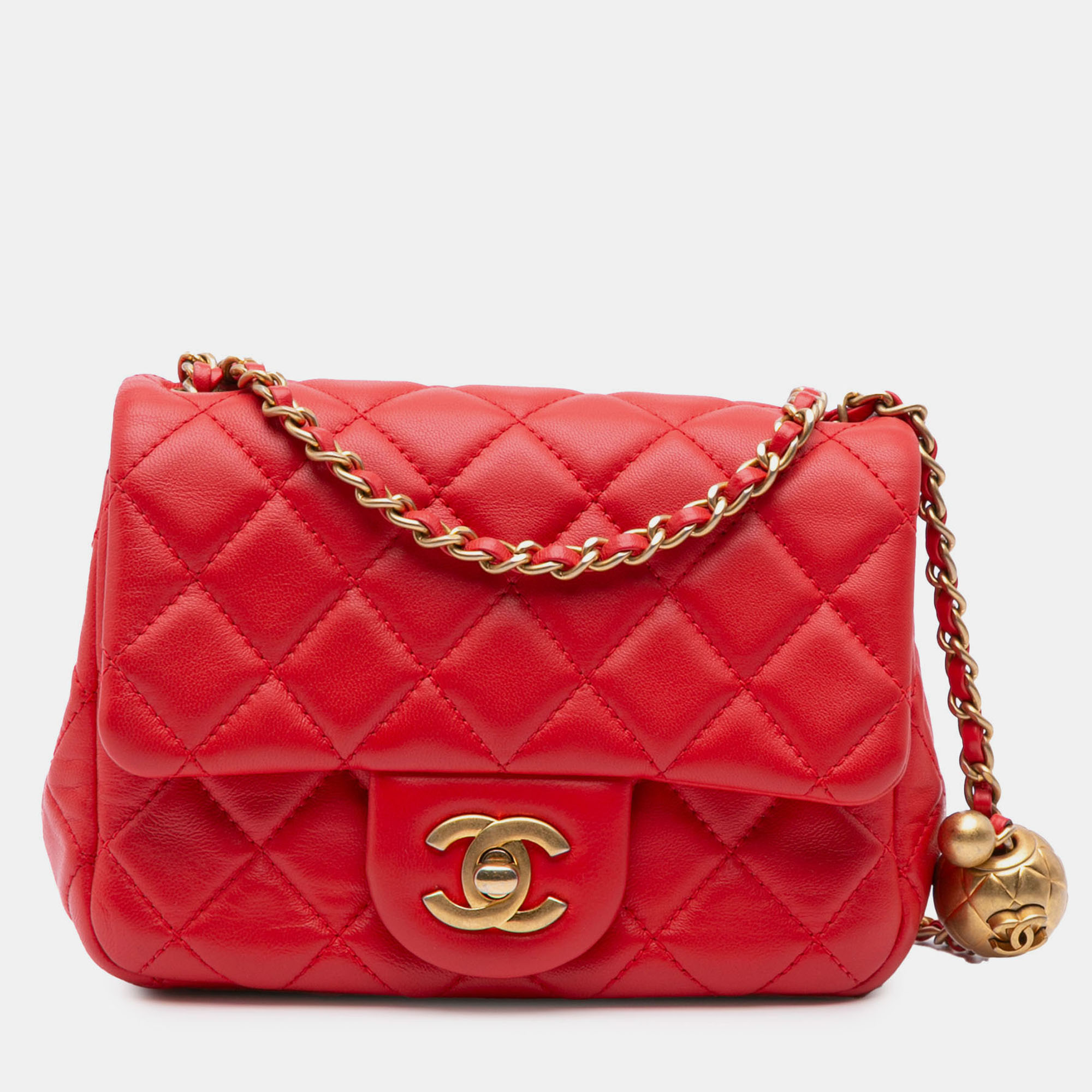 

Chanel Red Mini Square Classic Lambskin Pearl Crush Single Flap