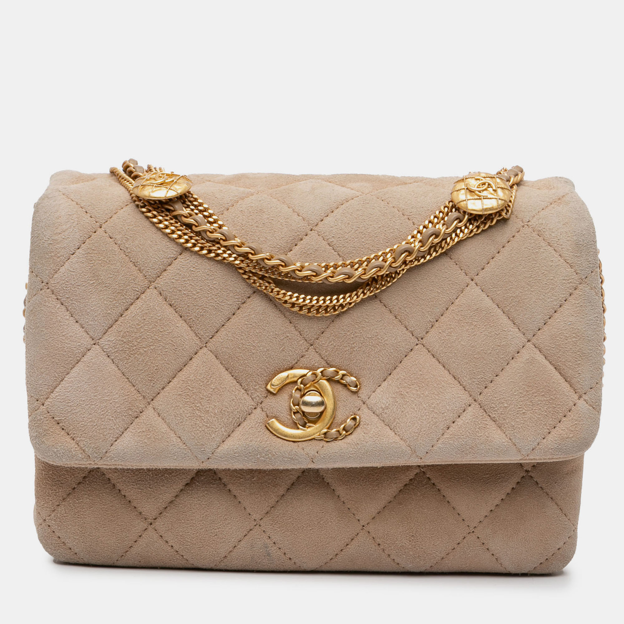 

Chanel Brown Mini Quilted Velvet Precious Buttons Chain Flap