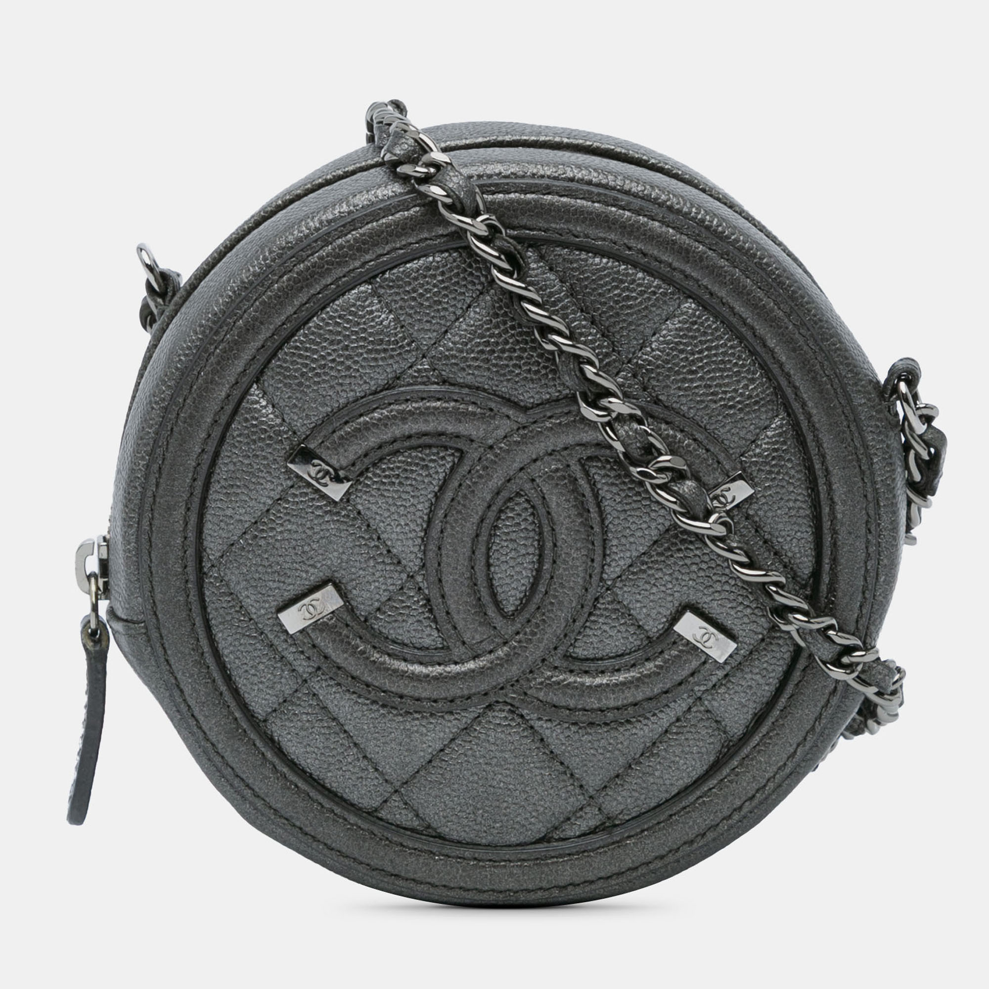 

Chanel Black Metallic Caviar CC Filigree Round Clutch with Chain