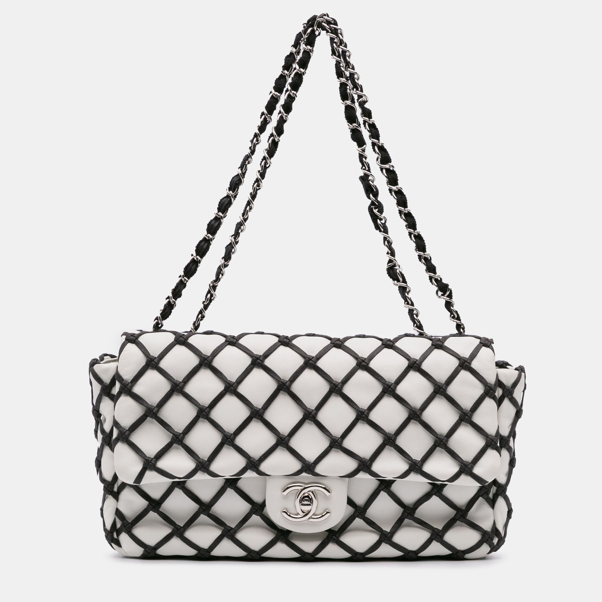 

Chanel Black White Jumbo Calfskin Canebiers Net Flap