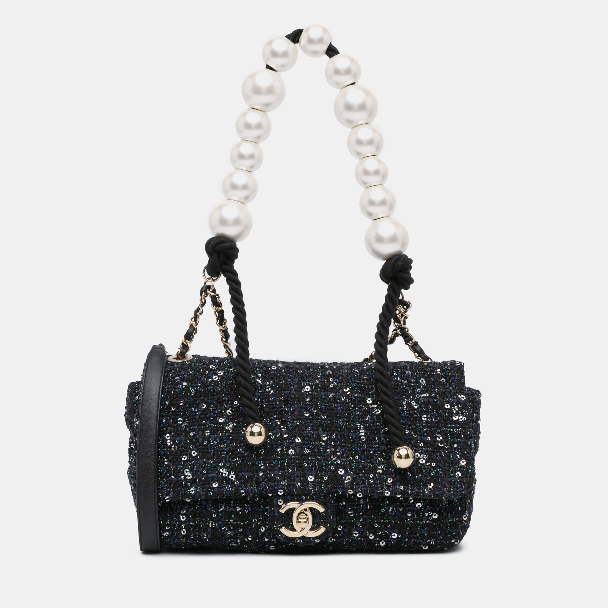 

Chanel Navy Blue Medium Tweed Pearl Handle Flap