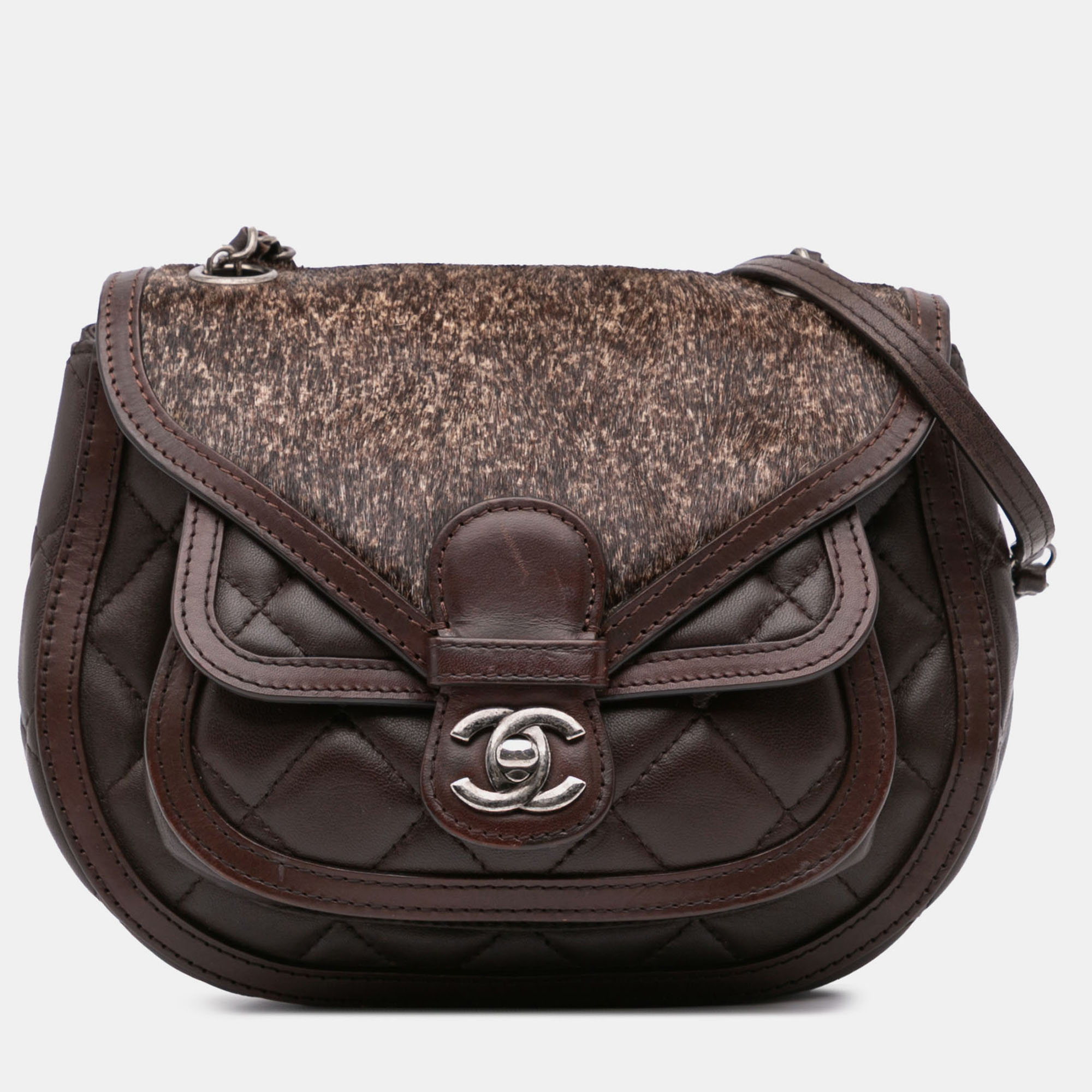 Pre-owned Chanel Brown Paris-salzburg Quilted Lambskin And Pony Hair Saddle Crossbody