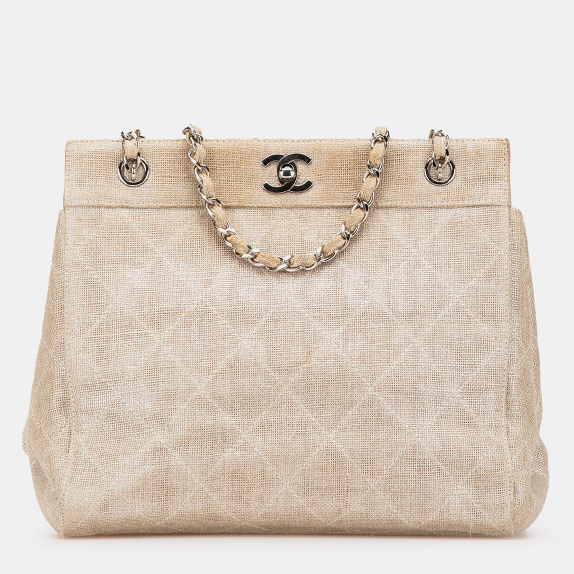 Pre-owned Chanel Brown Cc Stitched Linen Chain Tote