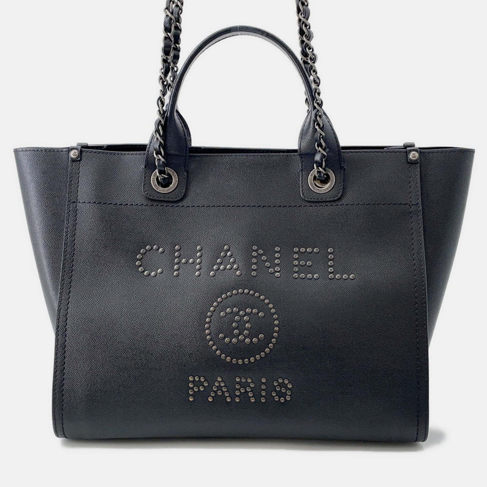 

Chanel Deauville Chain Tote Shopping Bag Black Caviar Leather Size Gm