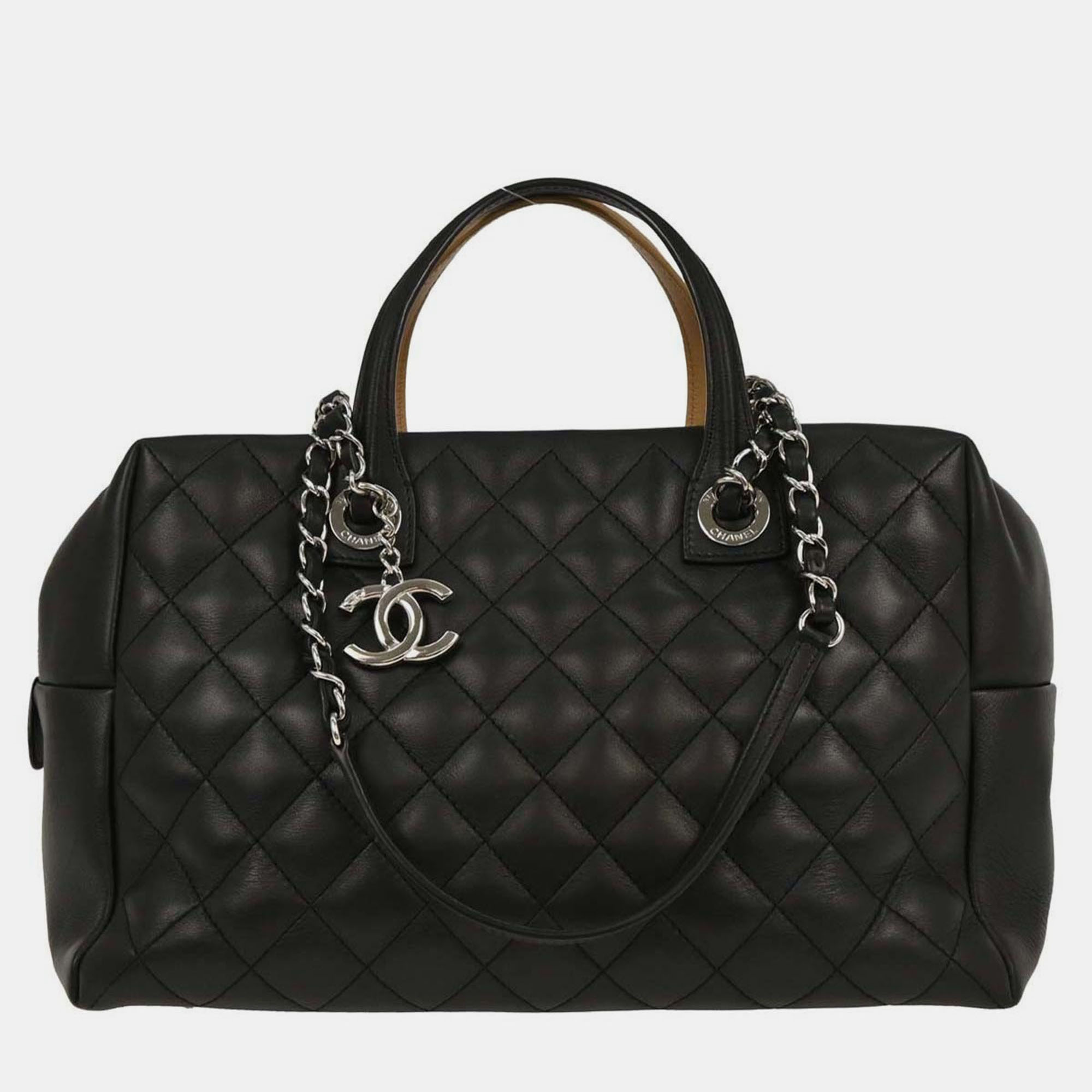 

Chanel Black Beige Calfskin Featherweight Bowling Bag