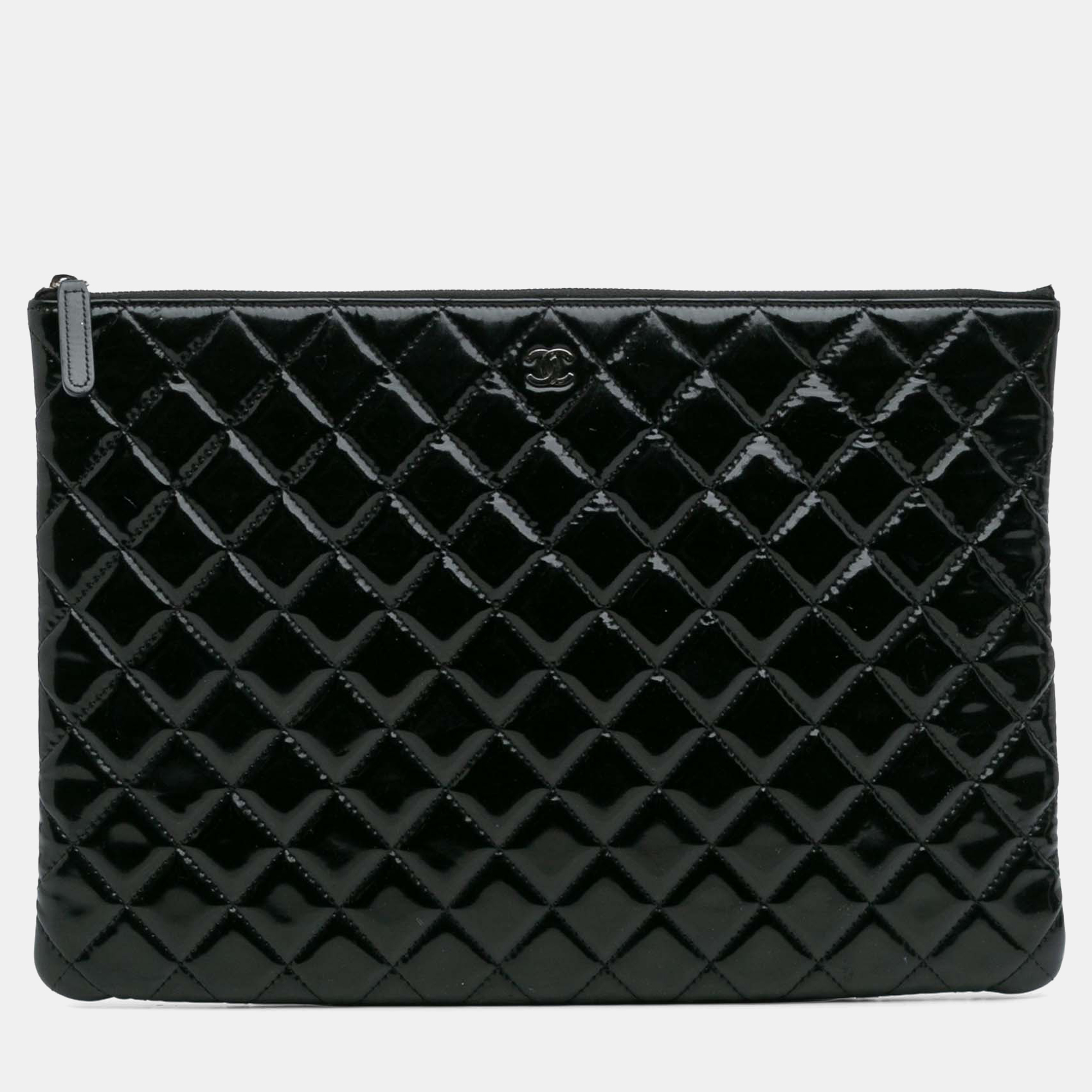 

Chanel Black Large Quilted Patent O Case Clutch