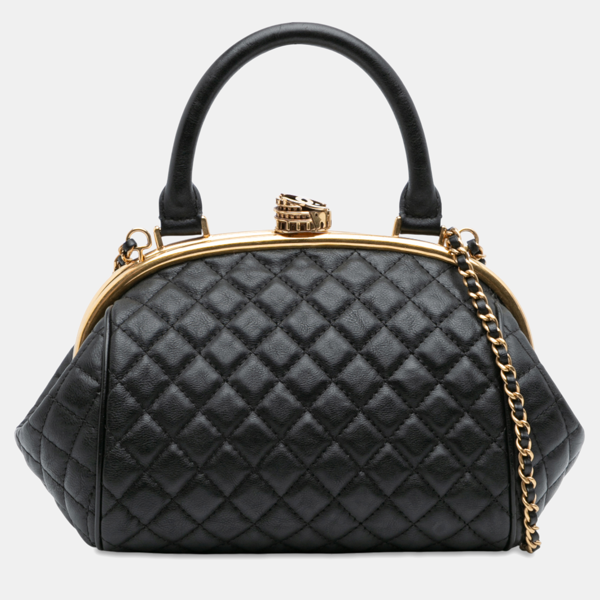 Pre-owned Chanel Black Paris Rome Quilted Calfskin Colosseum Lock Frame Bowling Bag