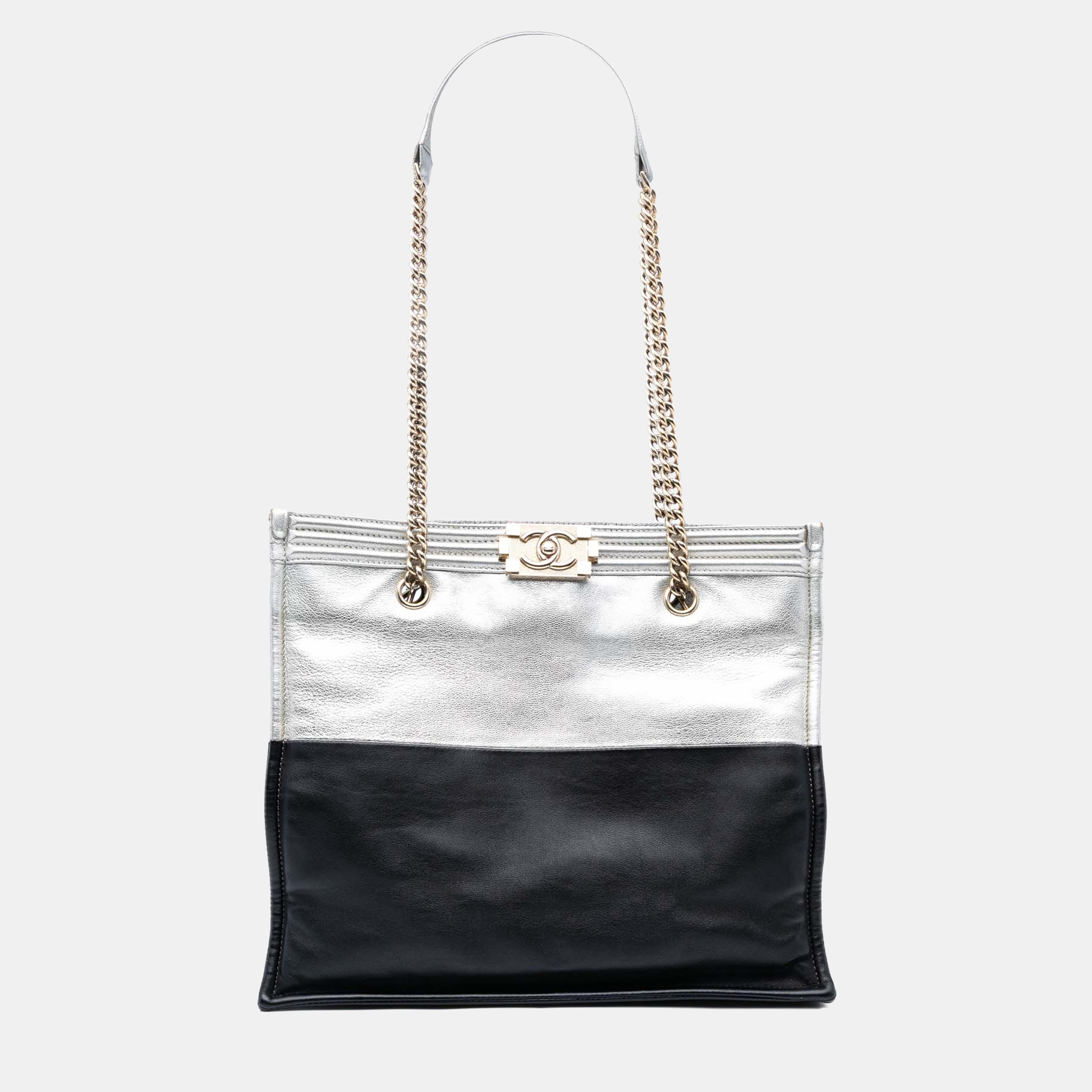 

Chanel Black/Silver Large Bicolor Metallic Goatskin and Calfskin Boy Tote