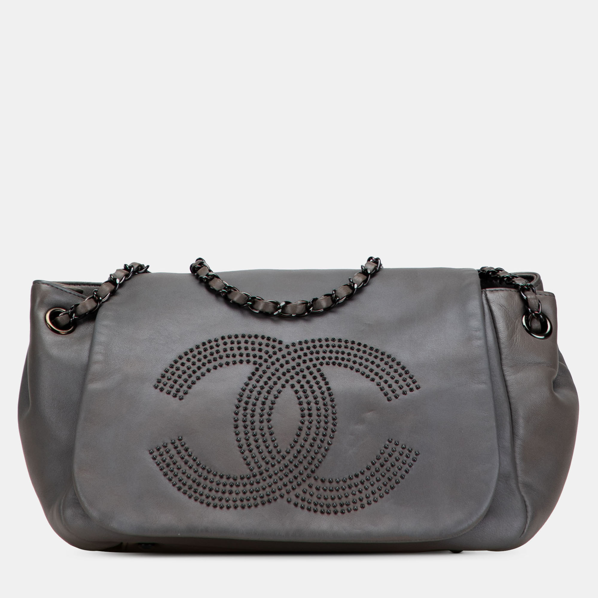 

Chanel Grey Lambskin Studded CC Accordion Flap