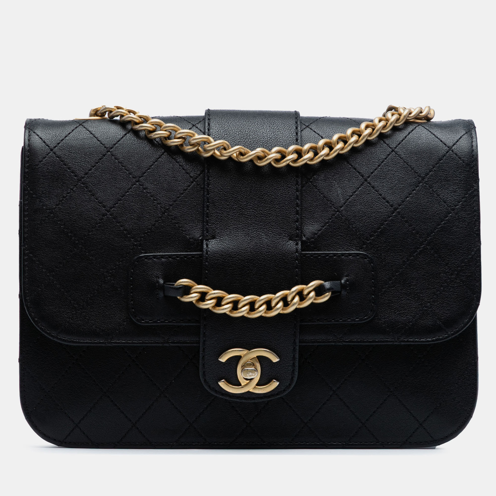 

Chanel Black Large Quilted Sheepskin Front Chain Flap