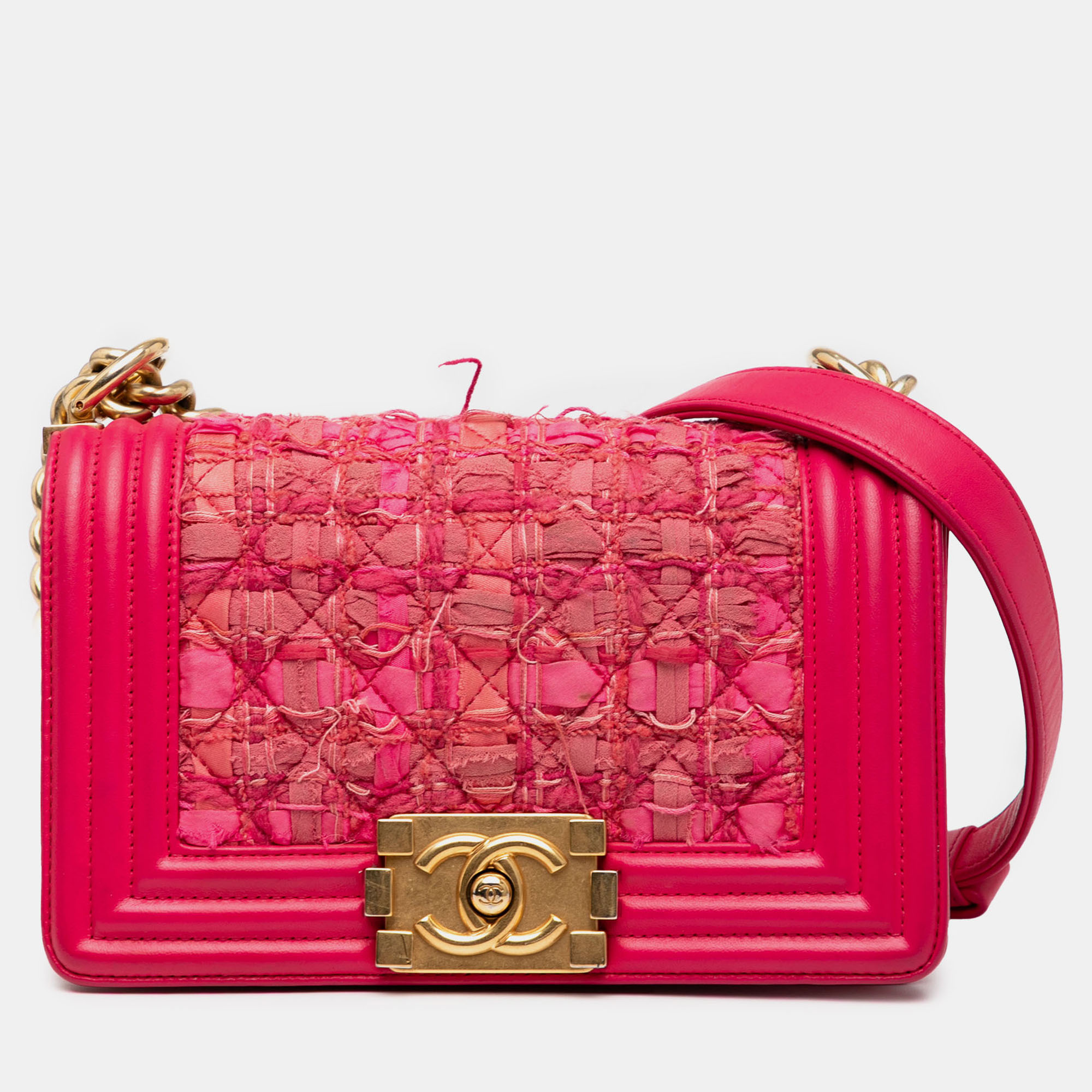 

Chanel Pink Mini Tweed and Lambskin Boy Flap