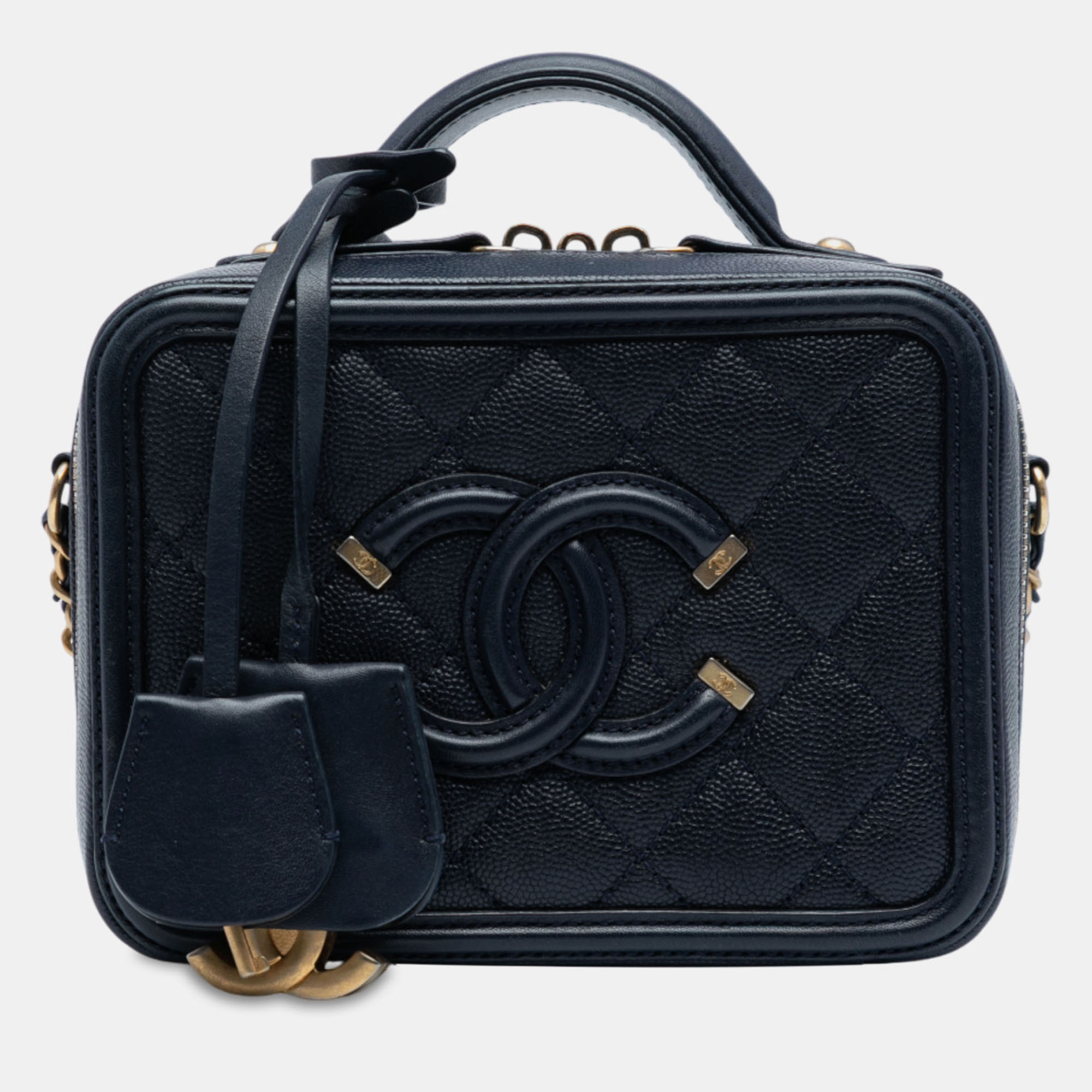 

Chanel Navy Blue Small Caviar CC Filigree Vanity Case