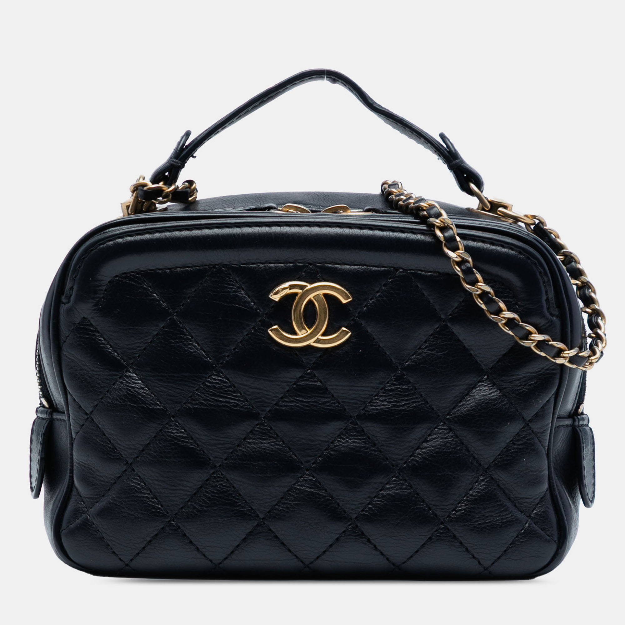 

Chanel Black Small CC Quilted Lambskin Top Handle Vanity Case with Chain
