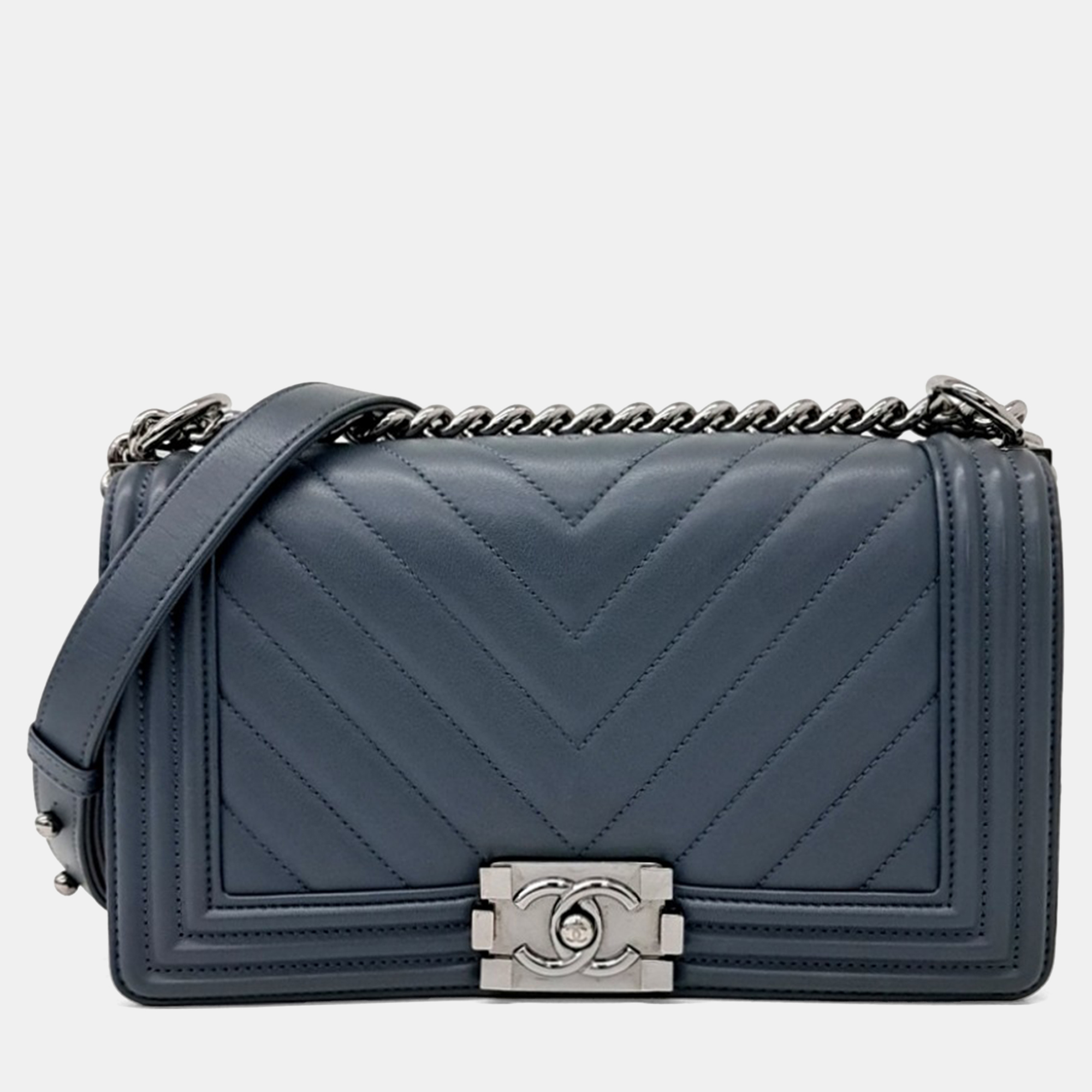 

Chanel Blue Leather Chevron Boy Bag Medium