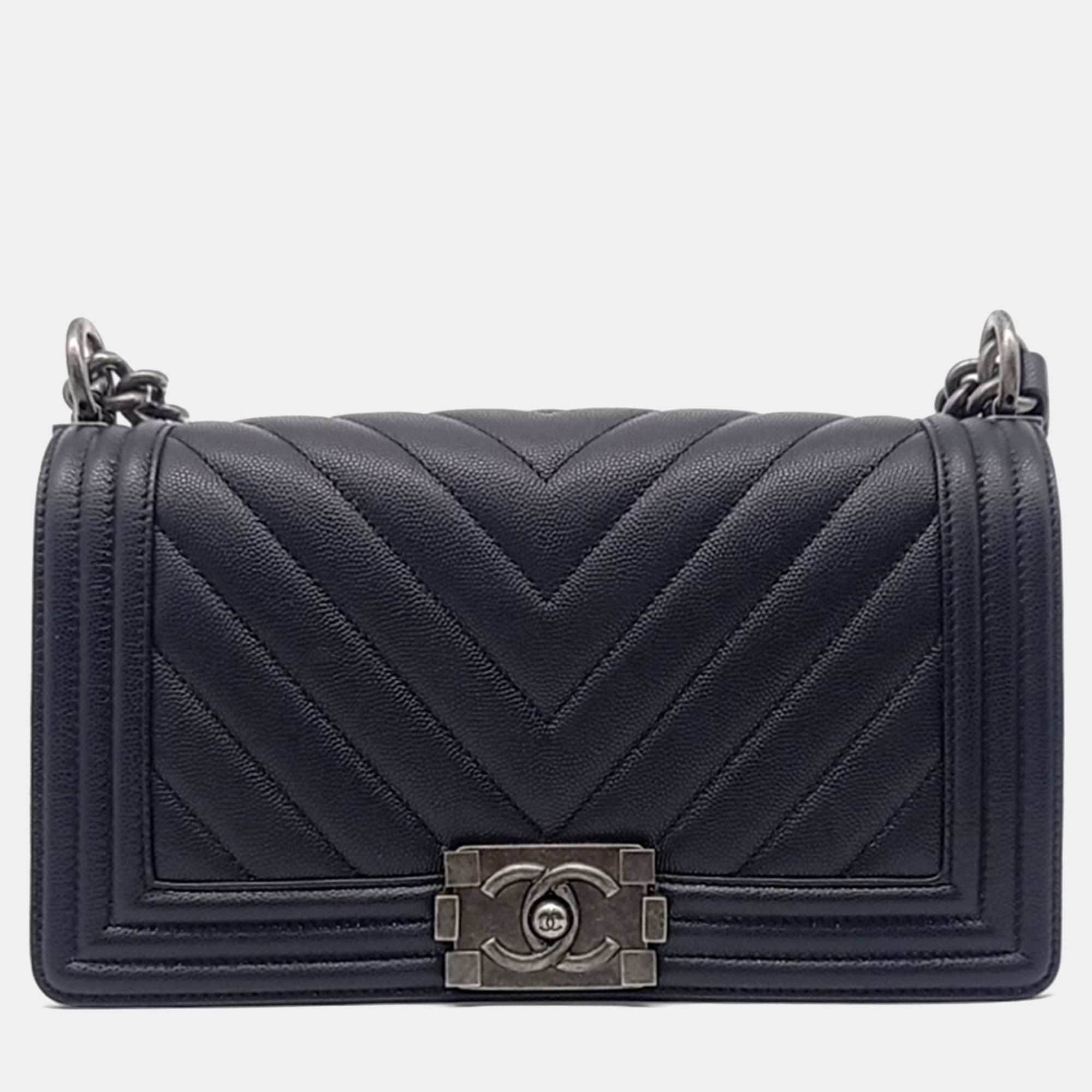 

Chanel Black Leather Caviar Chevron Boy Bag Medium