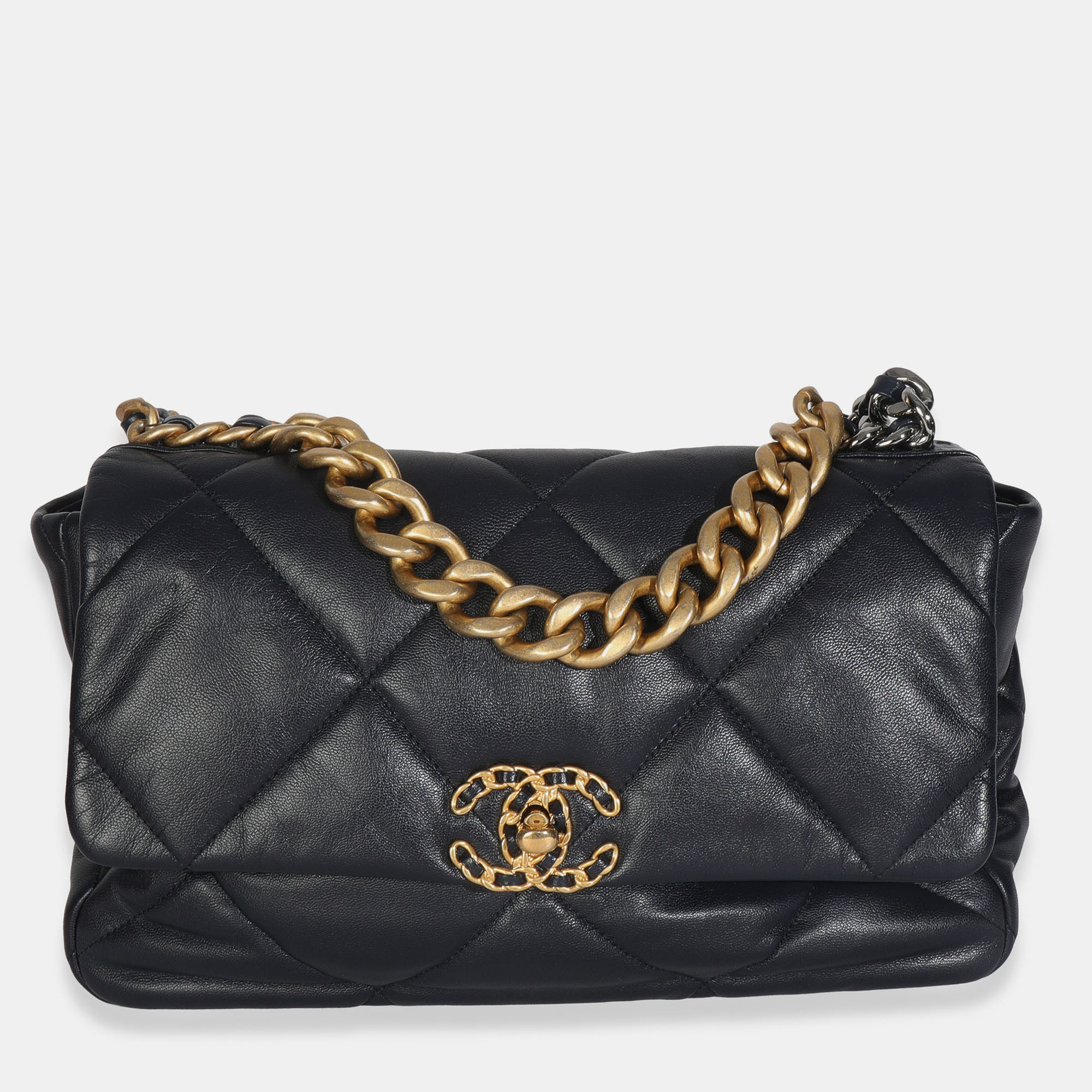 

Chanel Navy Quilted Shiny Lambskin Medium Chanel 19 Flap Bag, Navy blue