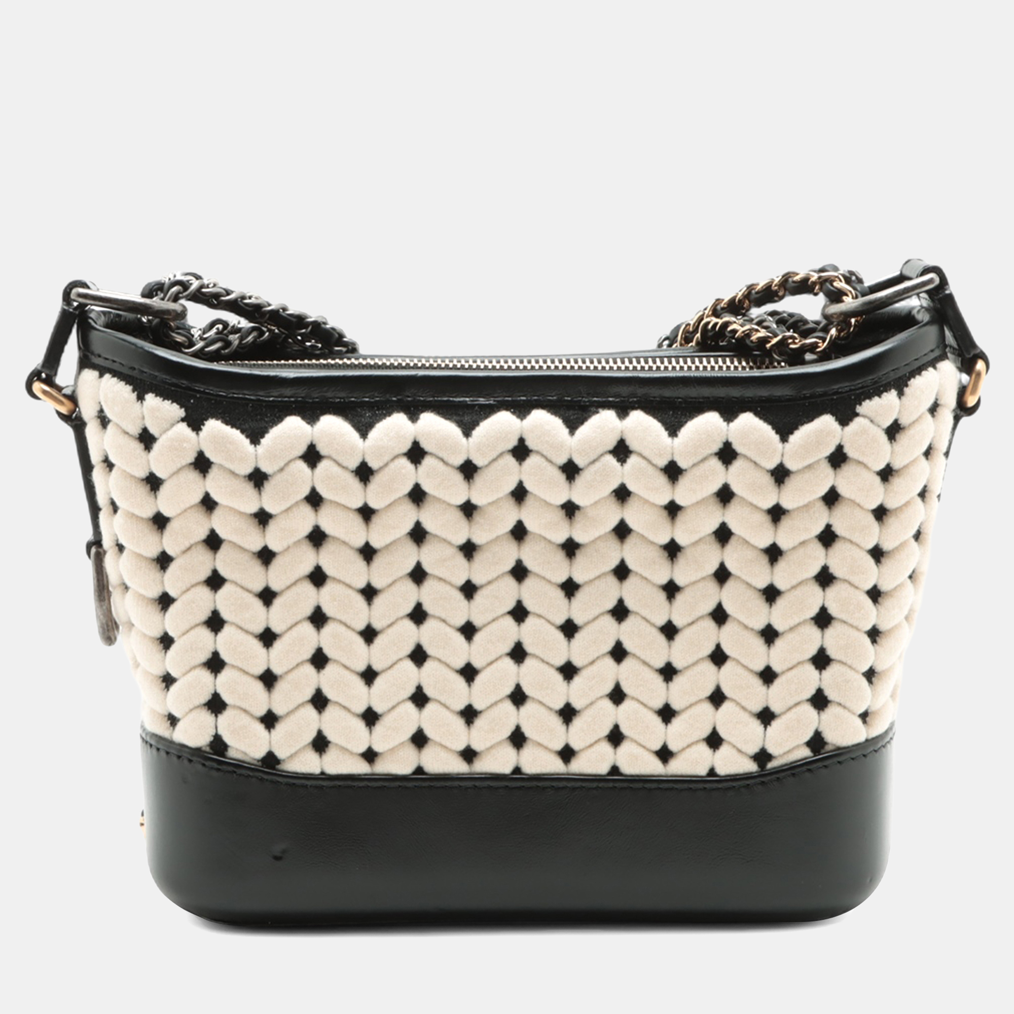 

Chanel Black White Small Knit and Calfskin Gabrielle Hobo