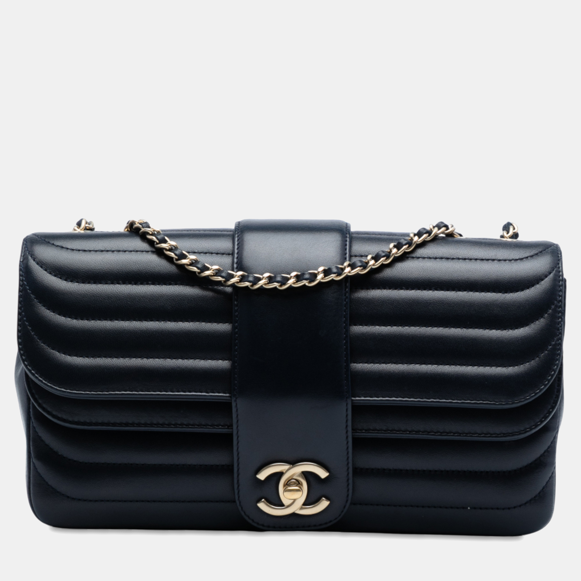 

Chanel Navy Blue CC Horizontal Quilted Lambskin Double Flap