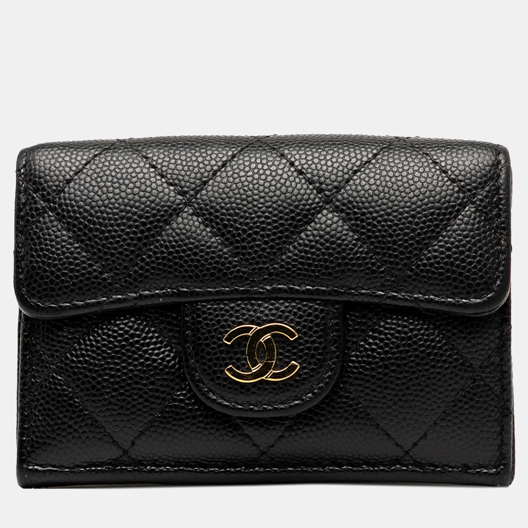 Pre-owned Chanel Black Cc Quilted Caviar Flap Card Holder Wallet
