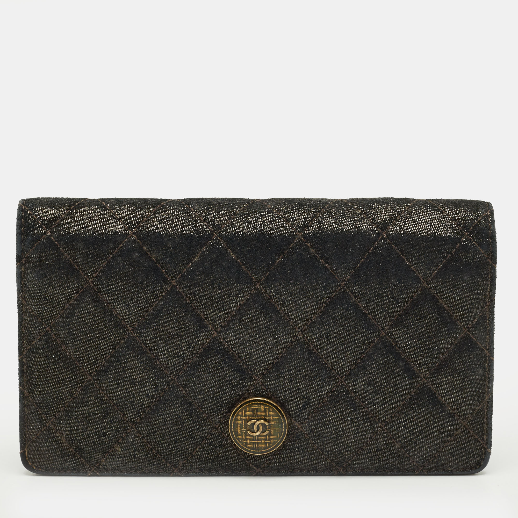 Pre-owned Chanel Black/gold Quilted Suede Paris Edinburgh Long Wallet
