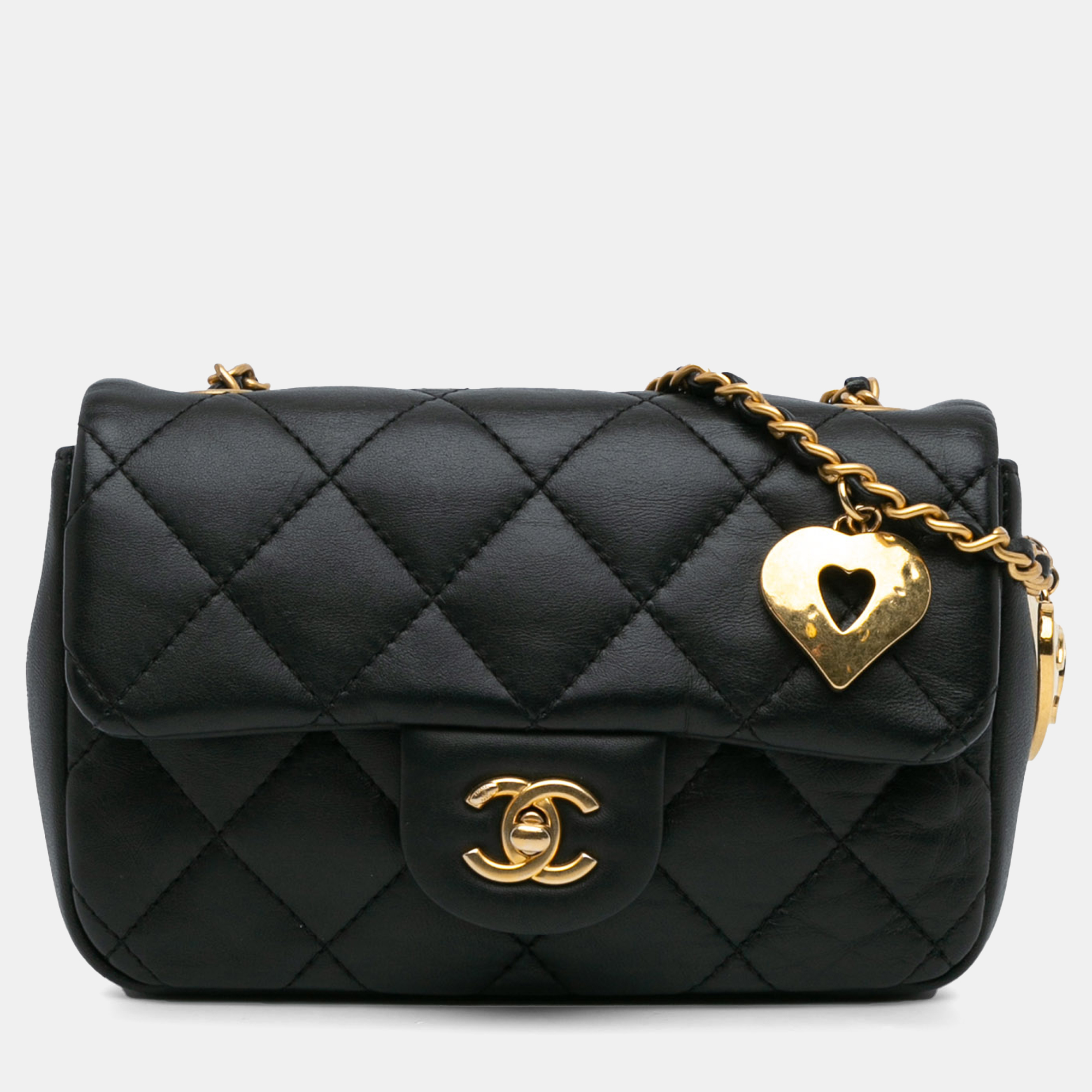 

Chanel Black Mini Rectangular Quilted Lambskin Heart Charms Flap
