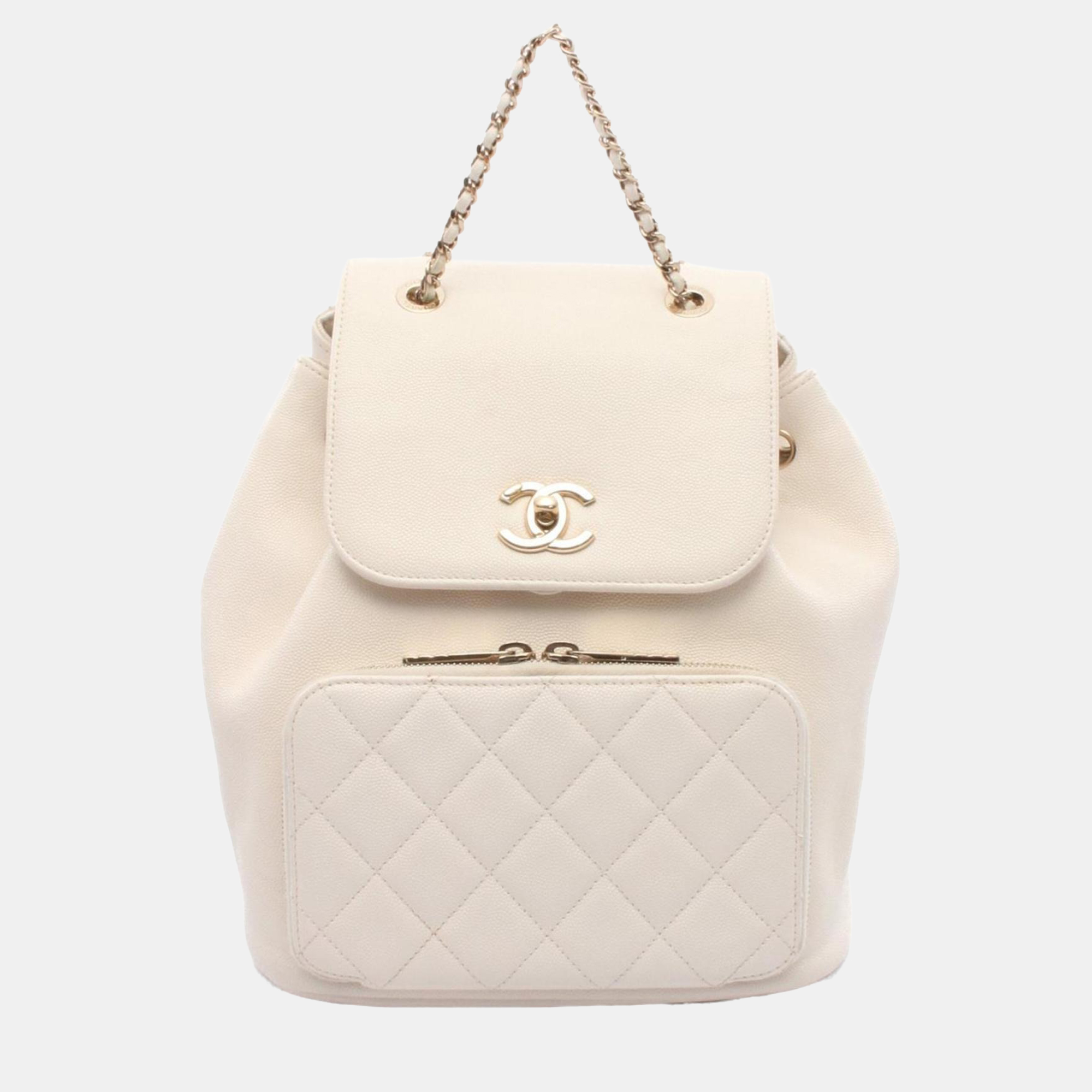 Pre-owned Chanel Matelasse Backpack Bag Leather Grained Calfskin White
