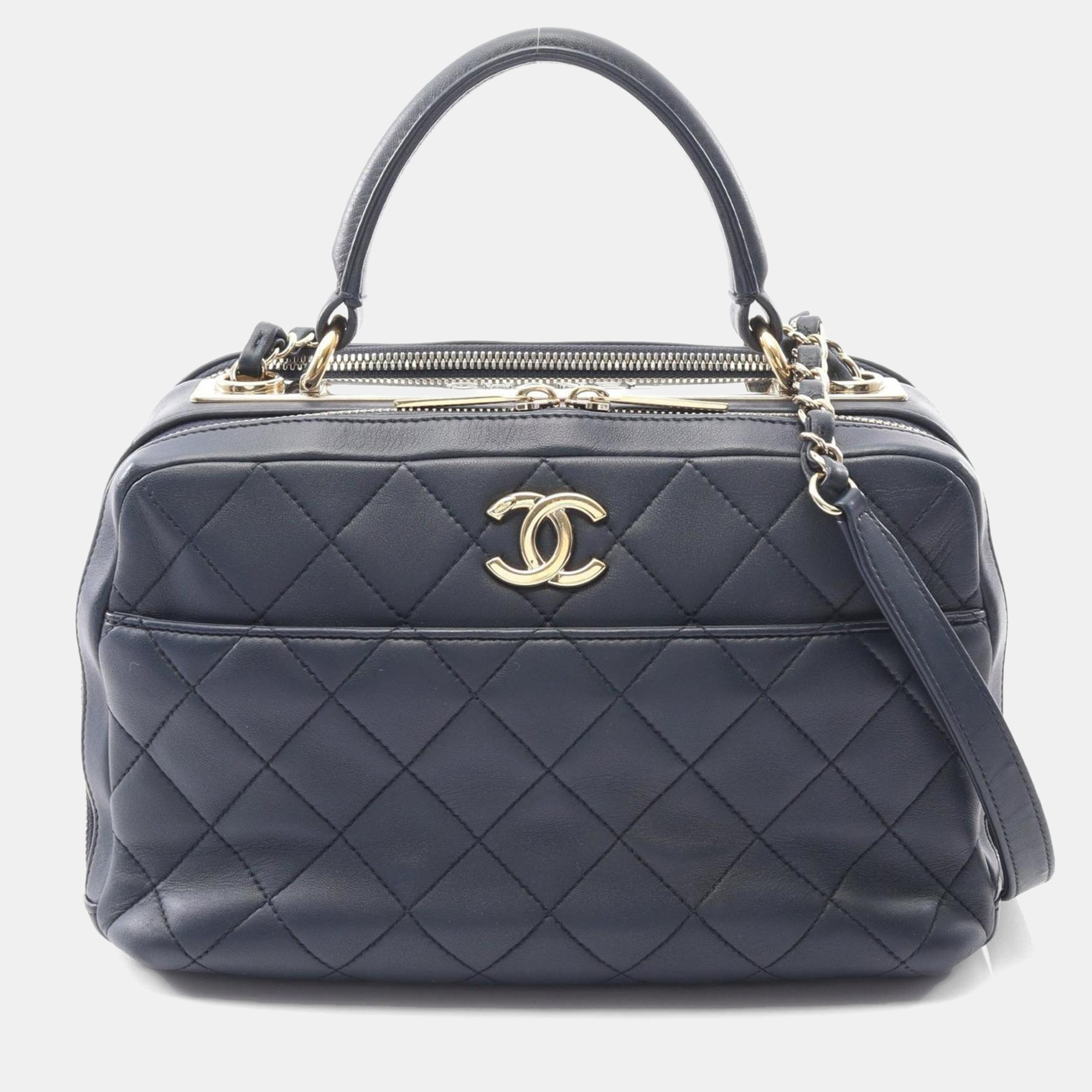 

Chanel Matelasse Bowling Bag Shoulder In Lambskin Sheepskin Navy Blue