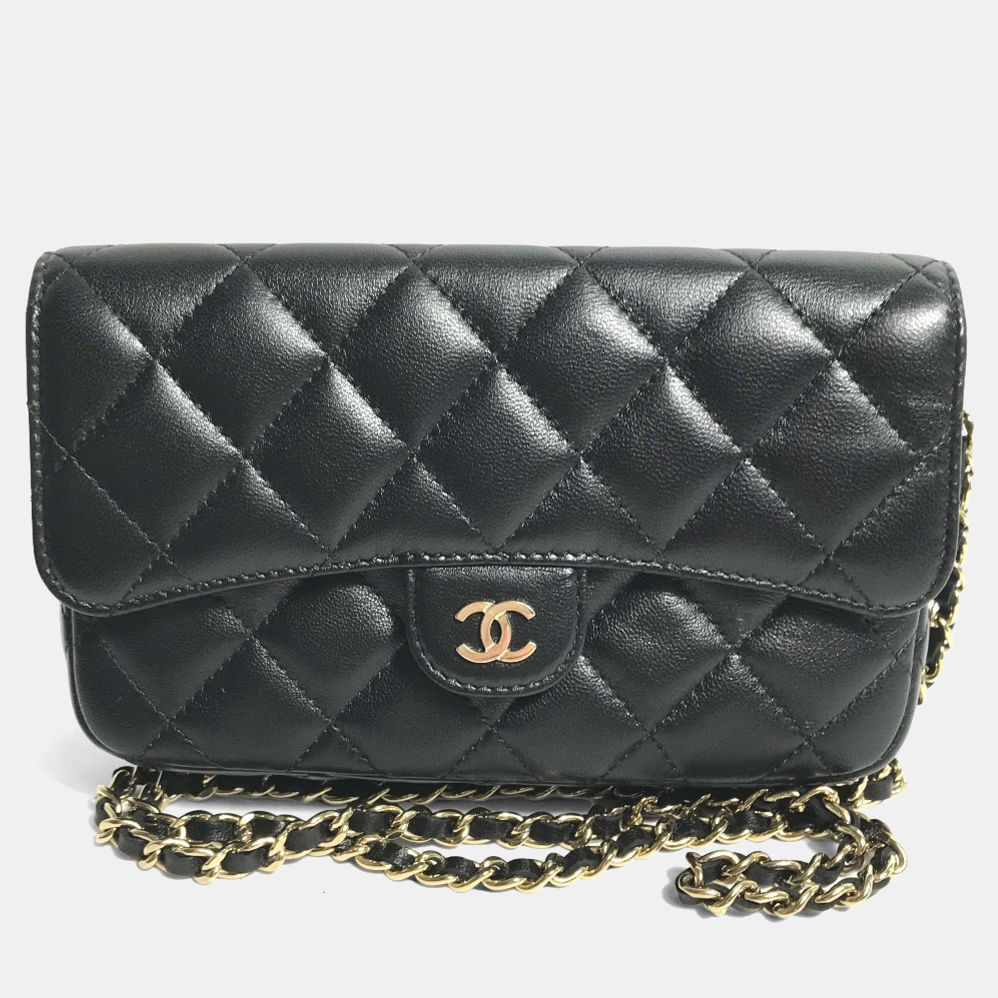 Pre-owned Chanel Coco Mark Phone Case Wallet Cc Matelasse Chain Long Wallet Black Lambskin
