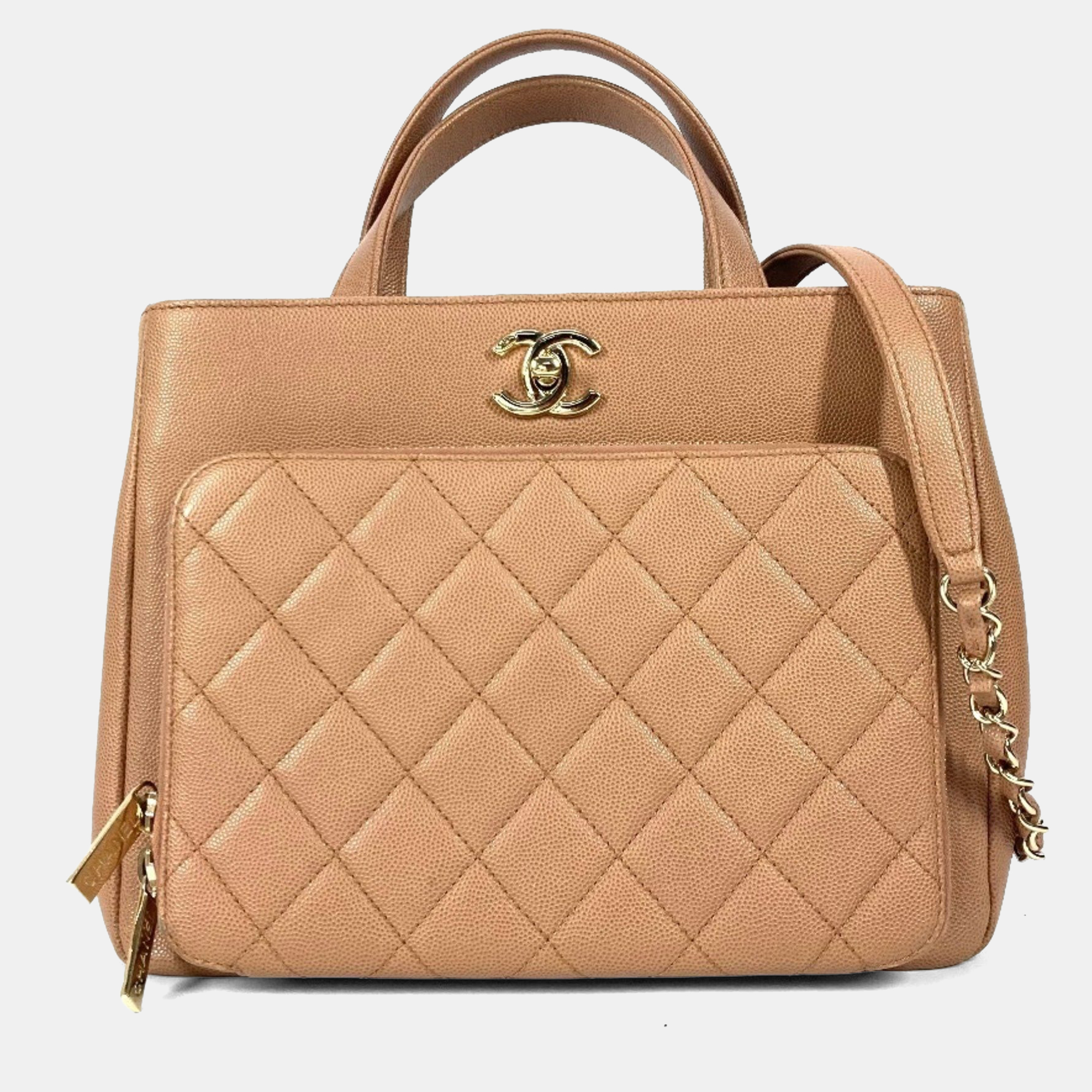 Pre-owned Chanel Cc Coco Mark Matelasse Affinity Small Bag Tote Chain Caviar Skin Beige In Sand