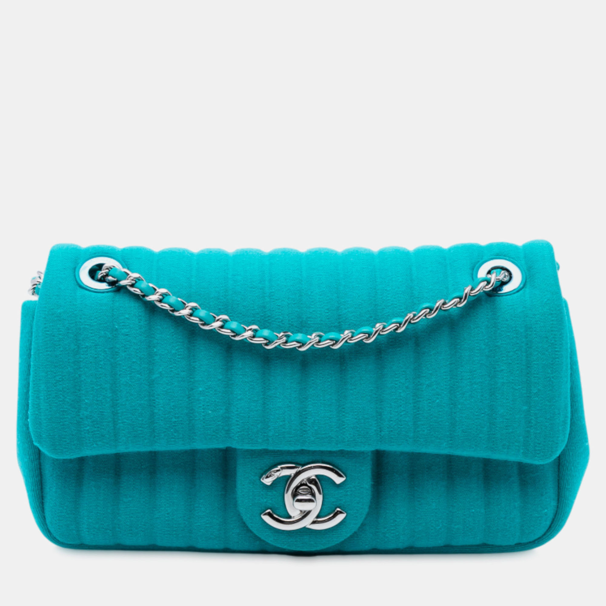 

Chanel Mini Vertical Quilted Jersey Single Flap, Blue