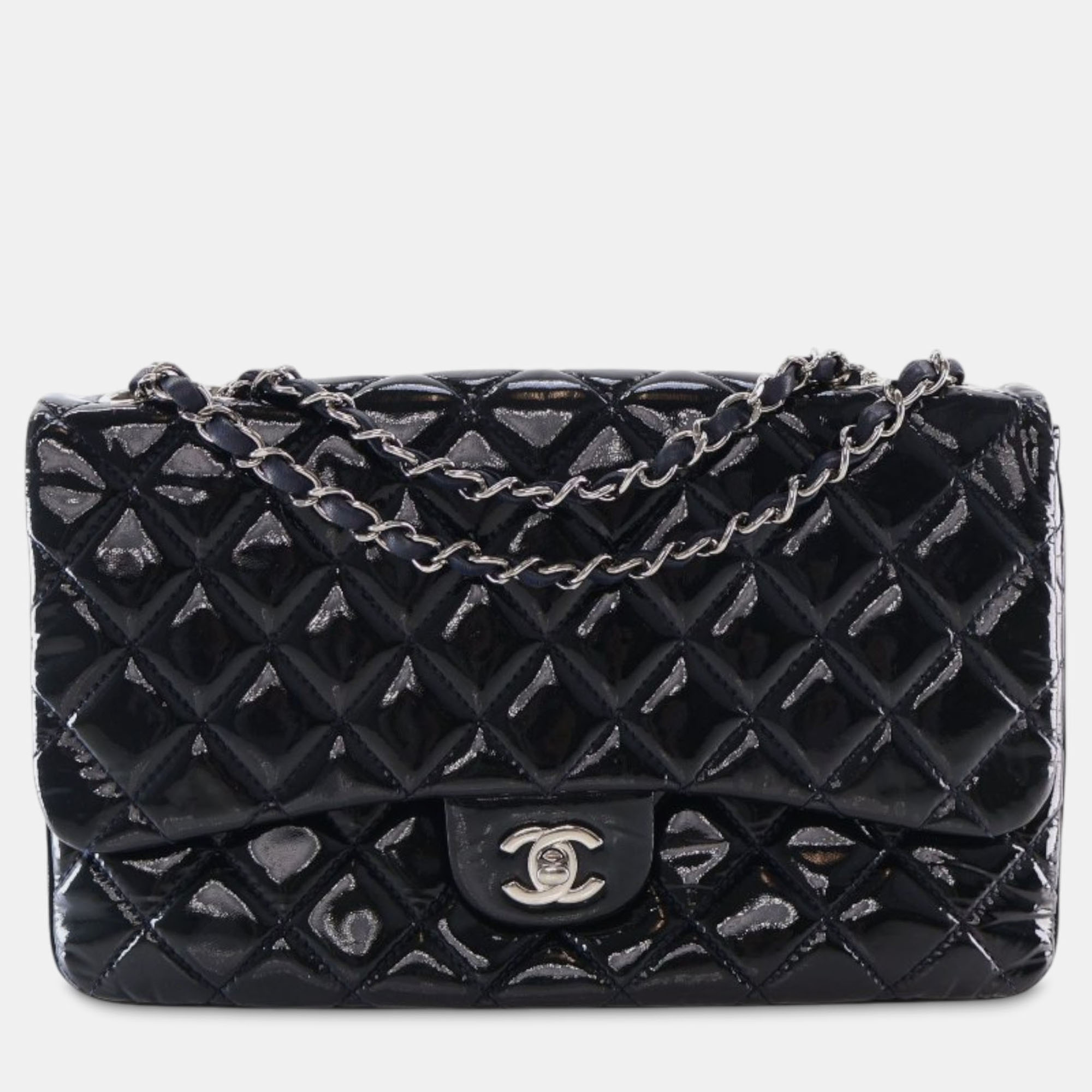 

Chanel Navy Blue Jumbo Quilted Patent 3 Compartment Flap
