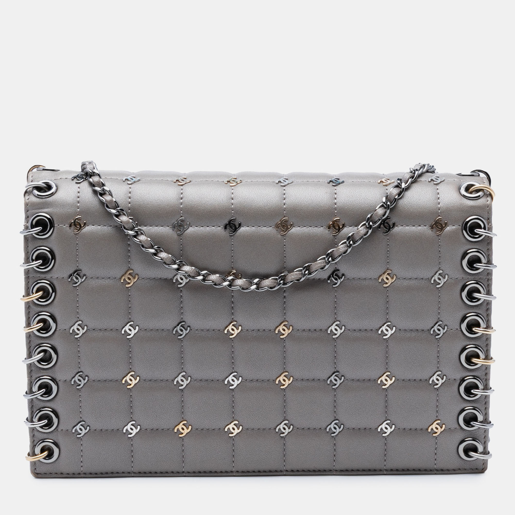 

Chanel Grey Small Lambskin Chocolate Bar CC Piercing Studded Chain Flap