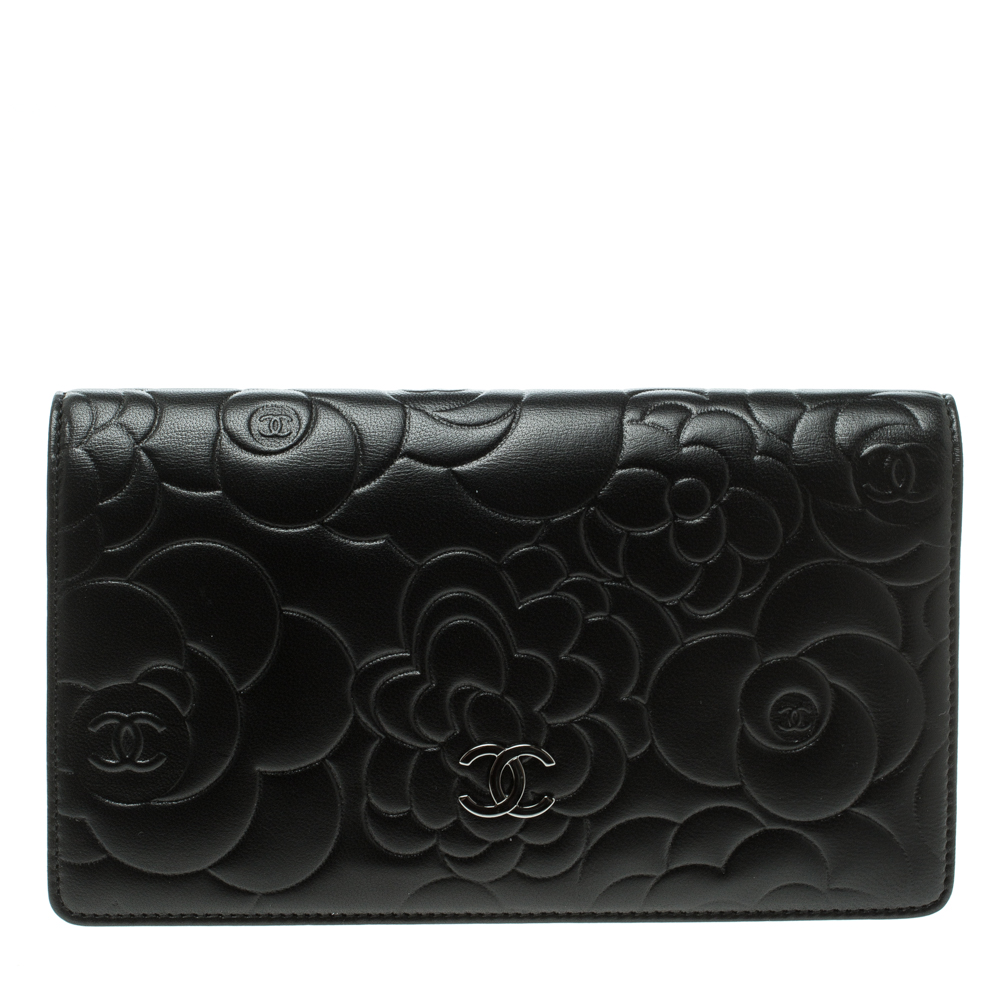Chanel Black Camellia Embossed Leather L Yen Wallet