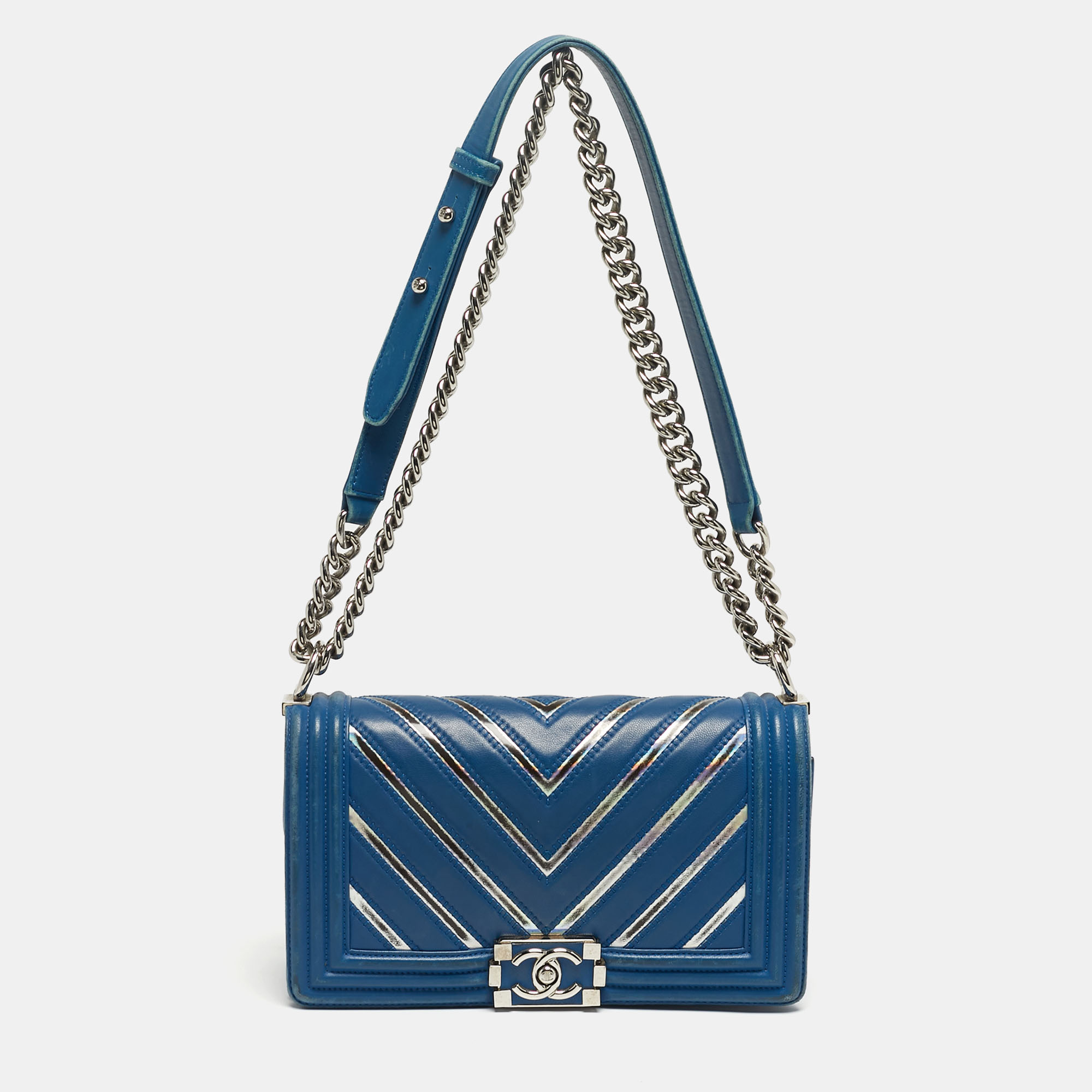 

Chanel Blue/Iridescent Chevron PVC and Leather Medium Boy Flap Bag
