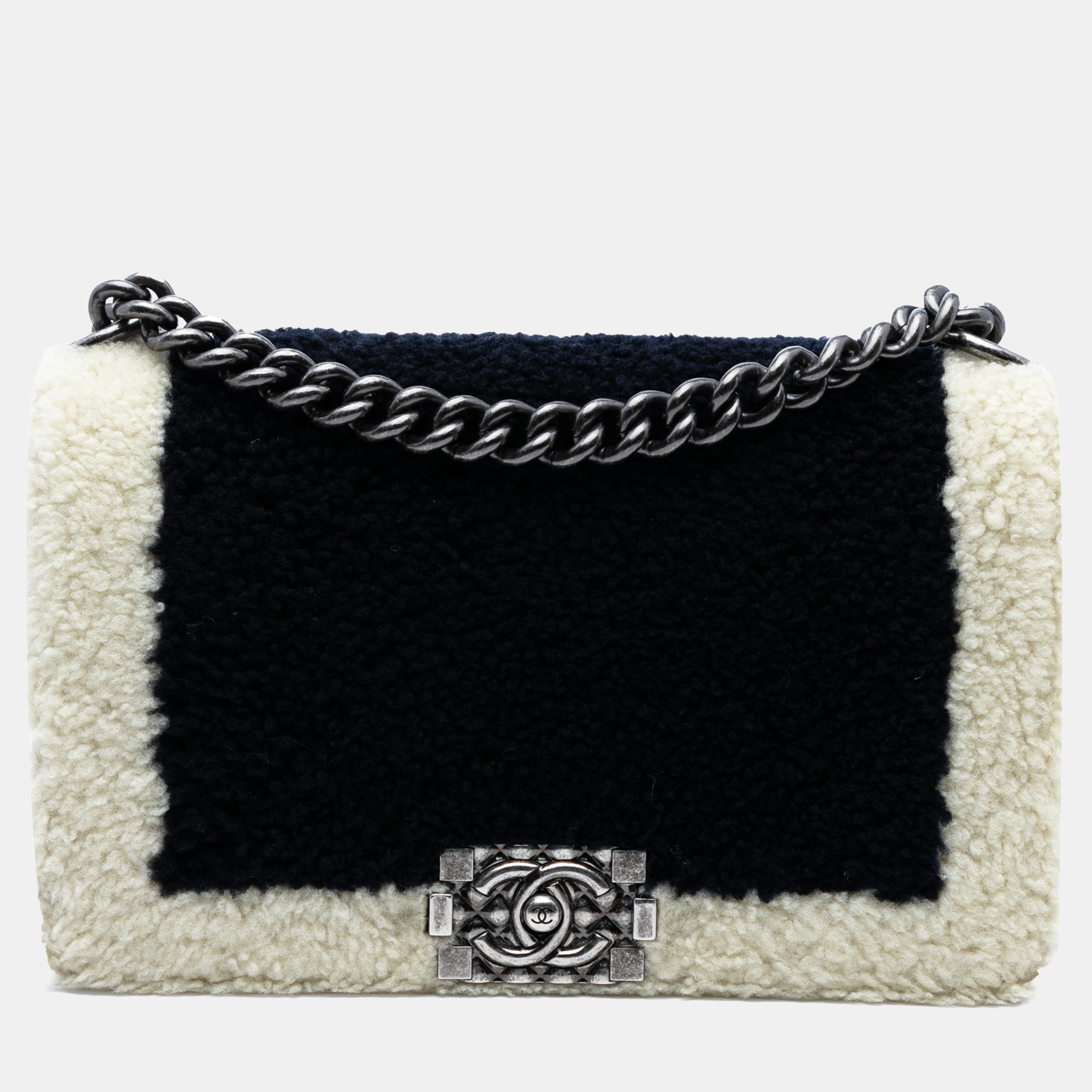 

Chanel Black Old Medium Bicolor Shearling Boy Flap